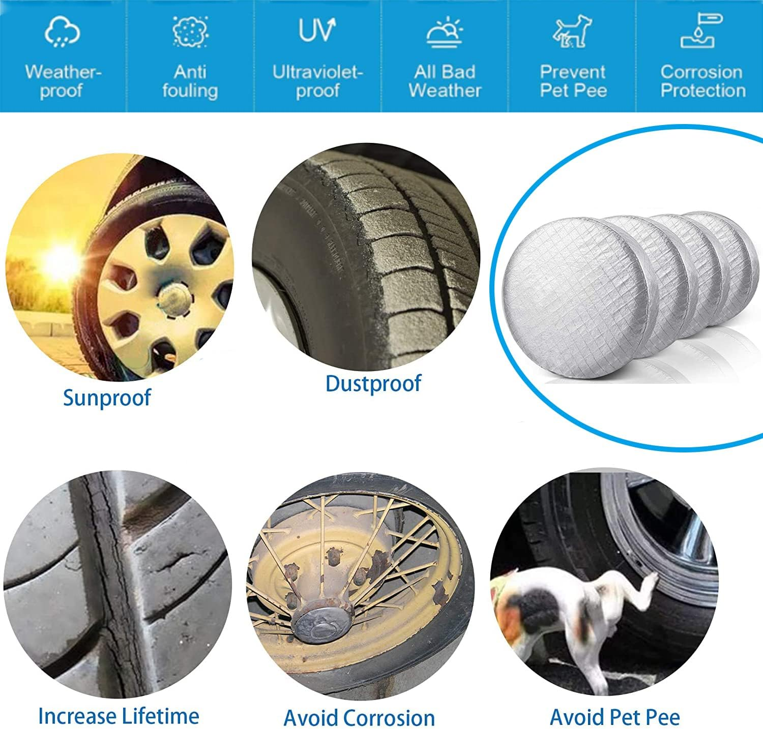 Tire Covers,4Pcs Tire Cover Waterproof Dustproof Aluminum Film Anti‑Uv Tyre Spare Wheel Protector with Hooks for Car RV SUV Truck Trailer,Fit 40-42 Inch Tire Diameter/Silver image number 3