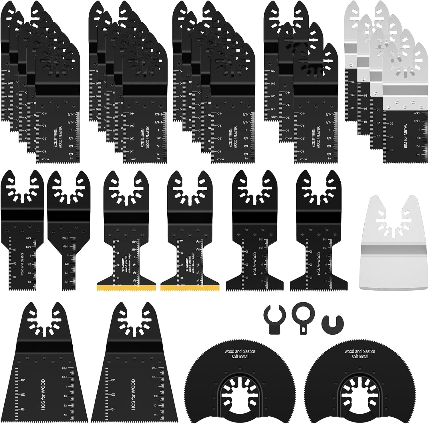 33Pcs Oscillating Saw Blades Set, Universal Titanium Bimetal Oscillating Multi Tool Blades, Titanium Bimetal Oscillating Multi Tool Blades with 3 Adapters for Cutting Metal Wood image number 1