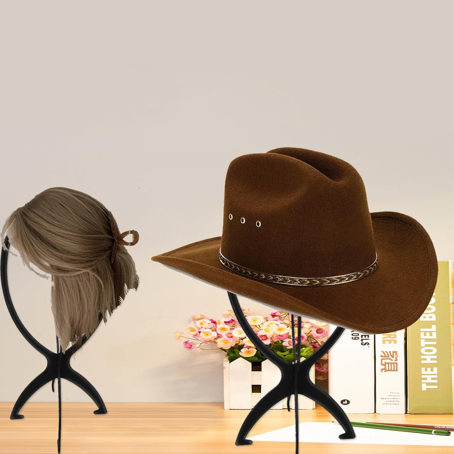 Youery 3 X Plastic Wig Stand, Wig Head, Wig Stand Set, Wig Hold, 3 Pieces Wig Net, 35 X 18 Cm, Black, Can Be Used for Hats and Wigs image number 3