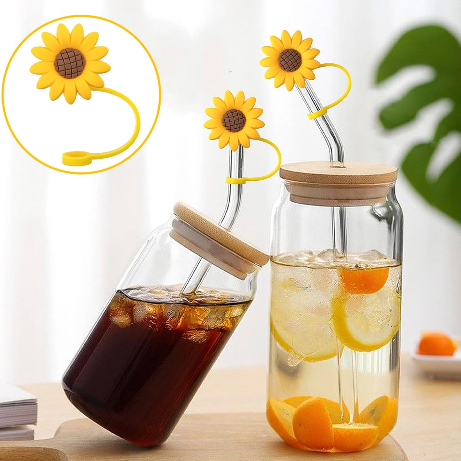 5 Pcs 0.3Inch Sunflower Straw Toppers Reusable Silicone Drinking Straw Covers Yellow Cup Dispenser Caps Dust-Proof Accessory