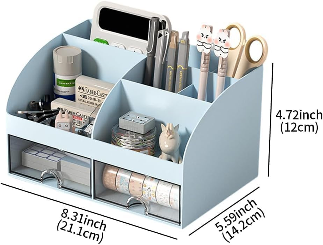 Tinyso Multifunctional Desk Organizer with 2 Drawers & 7 Grids,Large Capacity Plastic Stationery Organizer,Tidy Desktop Storage Box,Ideal Desk Accessories for Home,Office Decor(Blue) image number 4