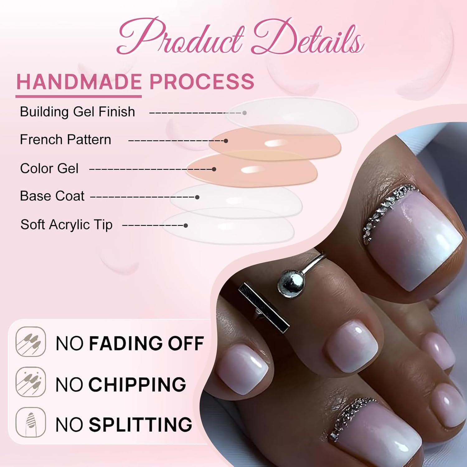 NATOSU 24 Pieces Short Press Toenails Square Fake Toenails Pink White Gradient False Toe Nails with Rhinestone Designs Acrylic Toe Nails