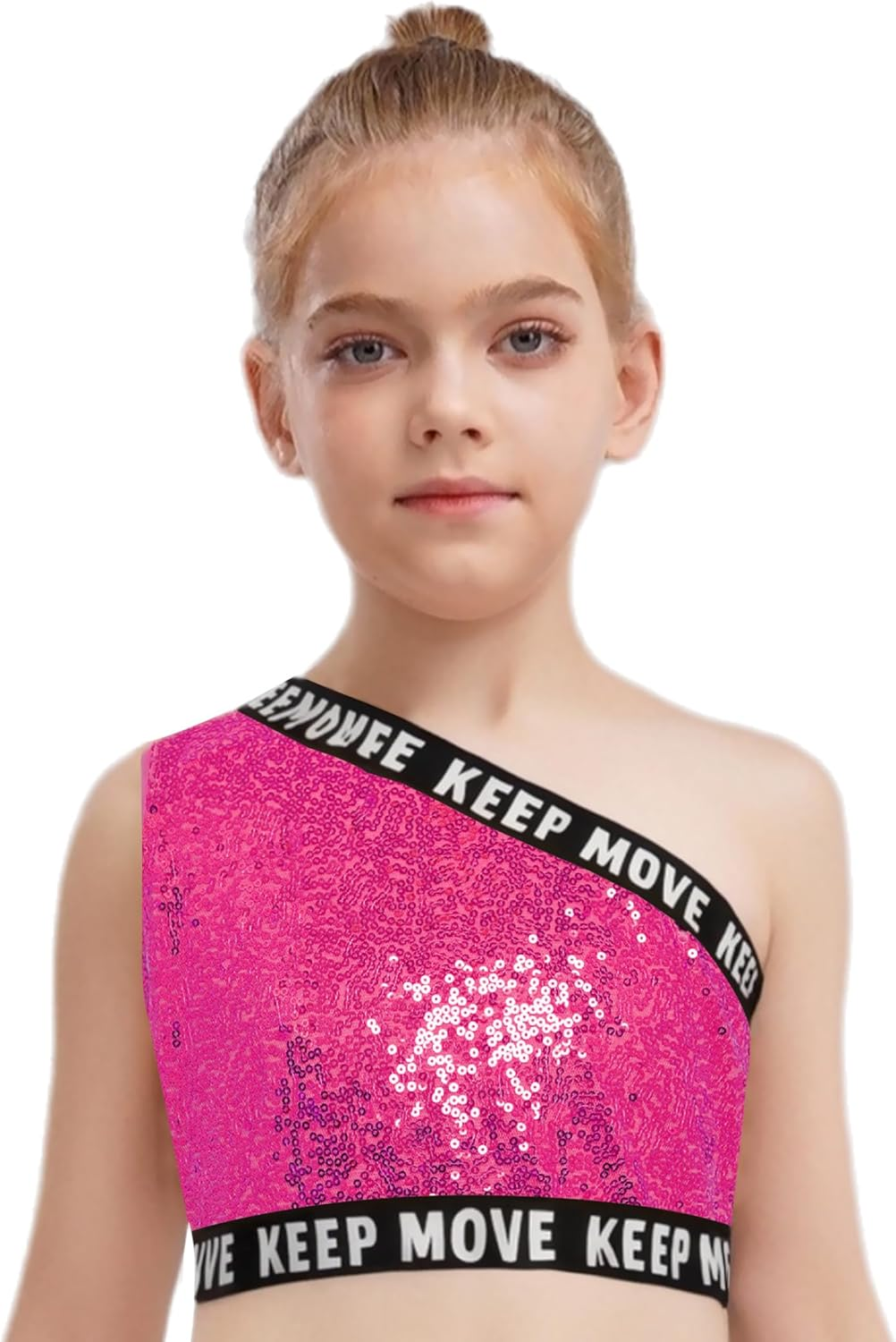Raenseen Kids Girls Jazz Hip Hop Dance Costume Shiny Sequins Crop Tank Top Fashion One-Shoulder Streetwear