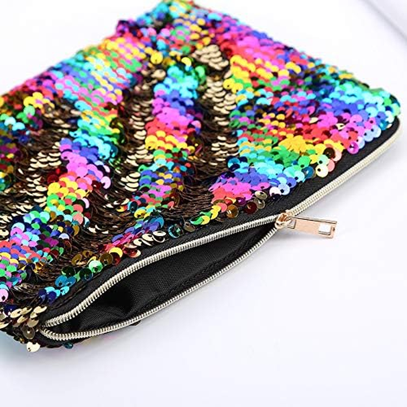 Aoozleny Double-Sided Glitter Pencil Case Reversible Sequin Zipper Pencil Pouch for Cosmetic Makeup Organizer Bag Purse for Women (Colorful+Silver) image number 2