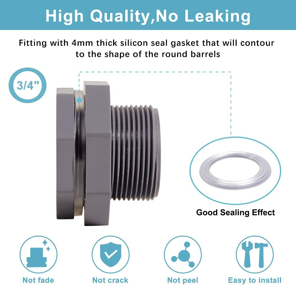 Ququyi 3/4 Inch PVC Bulkhead Water Tank Connector Adapter Fitting with Plugs Thru-Bulk Pipe Fitting for Rain Barrels, Aquariums, Ponds(Set of 1) image number 5