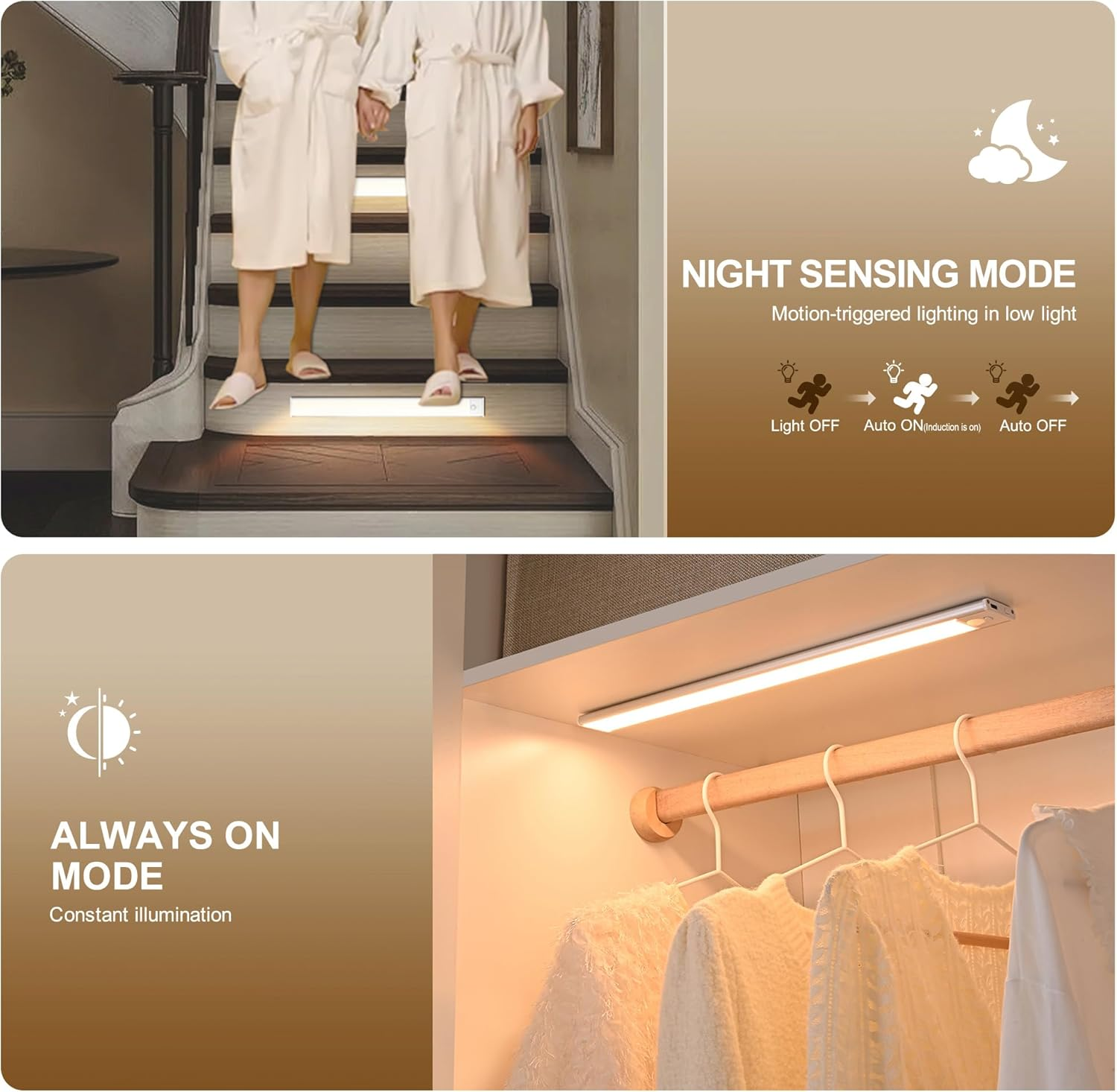 4 Pack Motion Sensor under Cabinet Lights,Upgraded Rechargeable 1100Mah Battery, Dimmable 3 Color Temps LED Light Bars with Magnetic Stick-On for Closet, Kitchen, Pantry, Stairs, Hallway image number 2