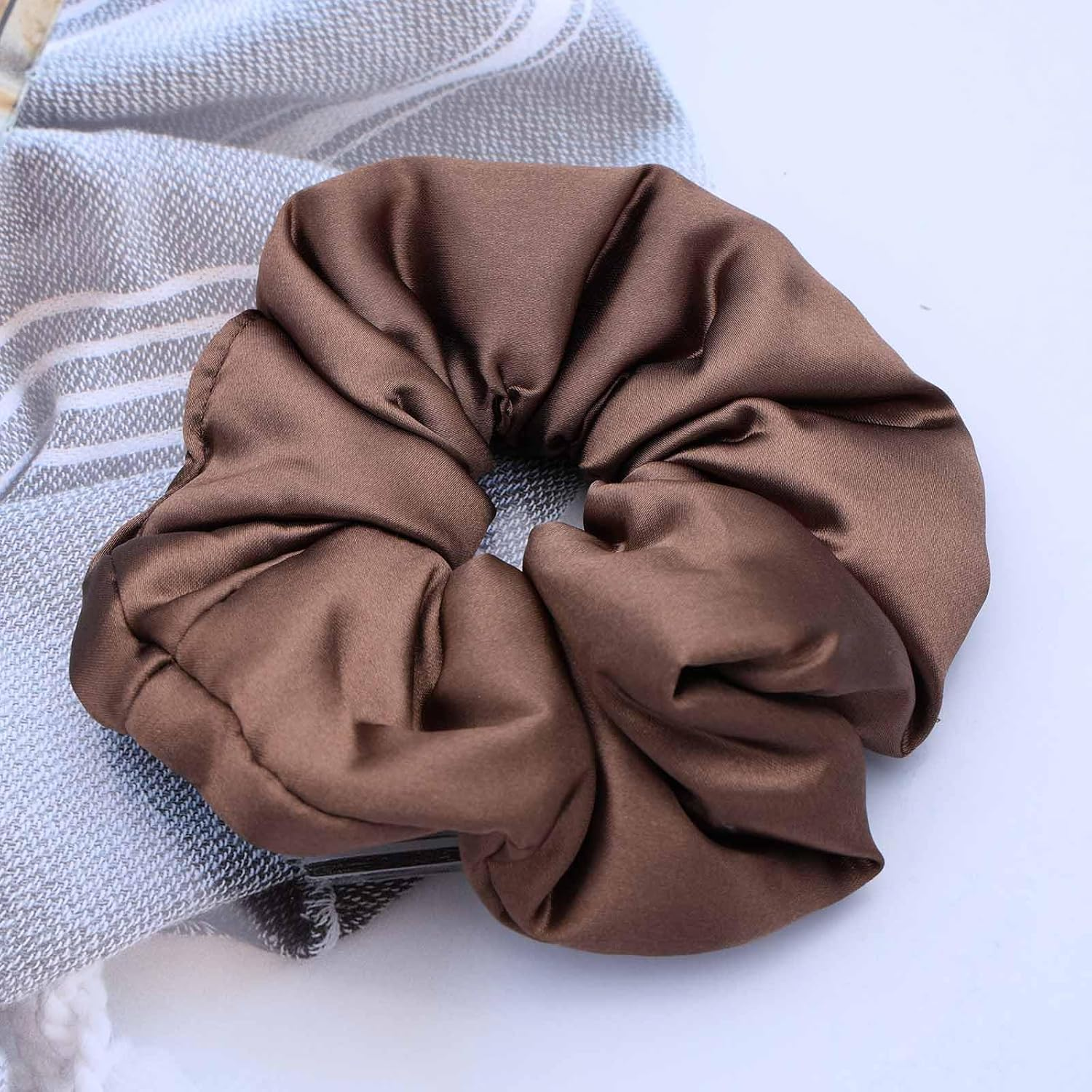 Inateannal Vintage Satin Silk Hair Bobbles Large Satin Elastic Hair Bobbles Brown Large Satin Hair Bobbles Scrunchy Oversized Thick Hair Bobbles Satin Ponytail Holder Hair Bands image number 2