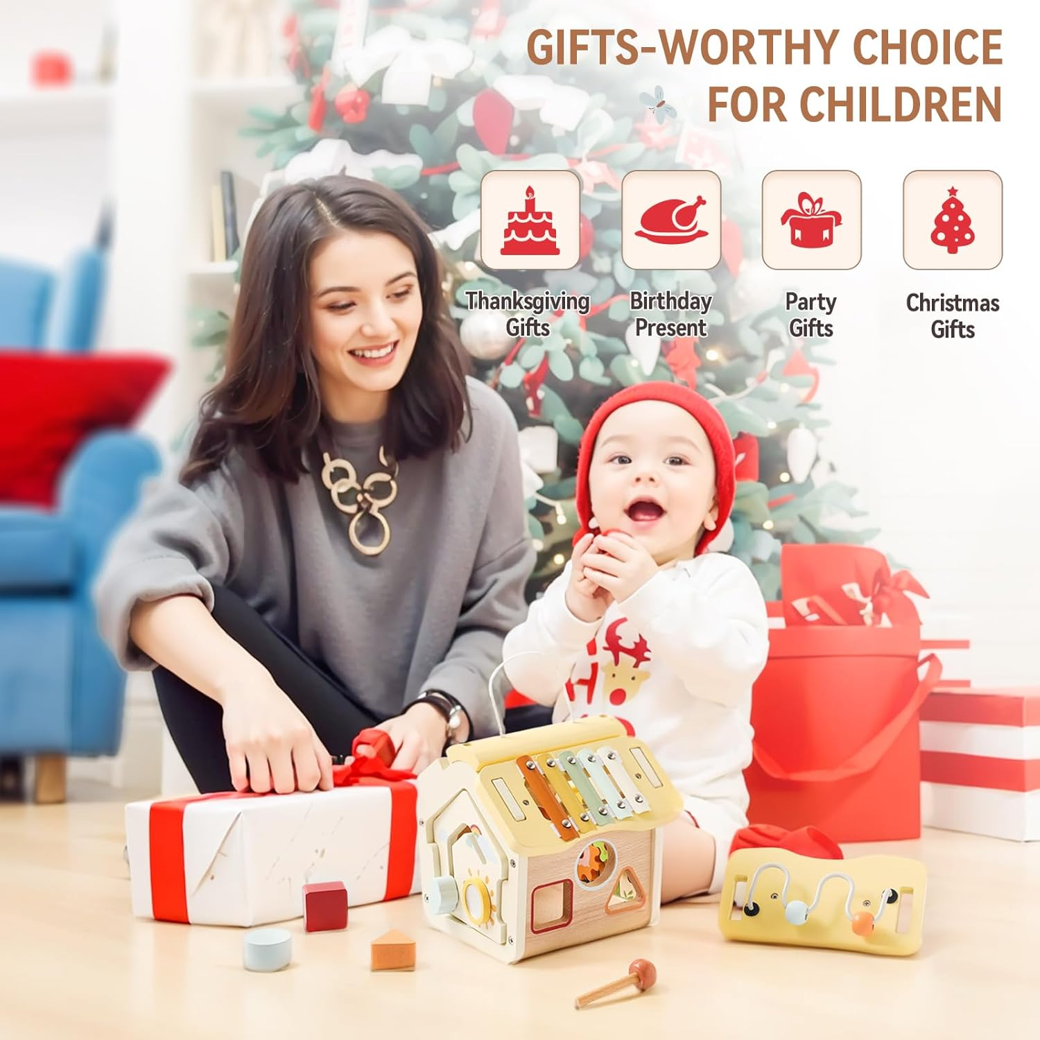 Wooden Activity Cube Toys for Baby Sensory Toys for Toddlers 2-3 Multipurpose Educational Learning Shape Sorter Montessori Toy to Baby Gifts image number 3