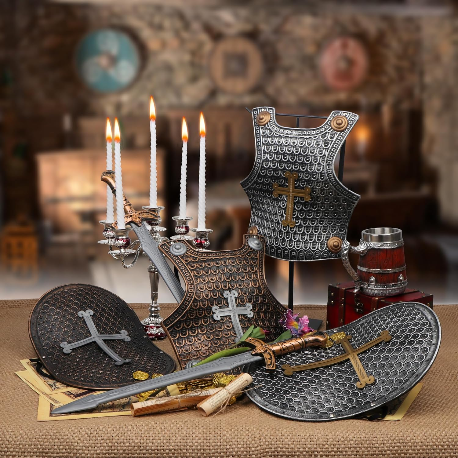 Crusaders Medieval Knight Armor Props Set Including Chest Plate Shield and Swords image number 1