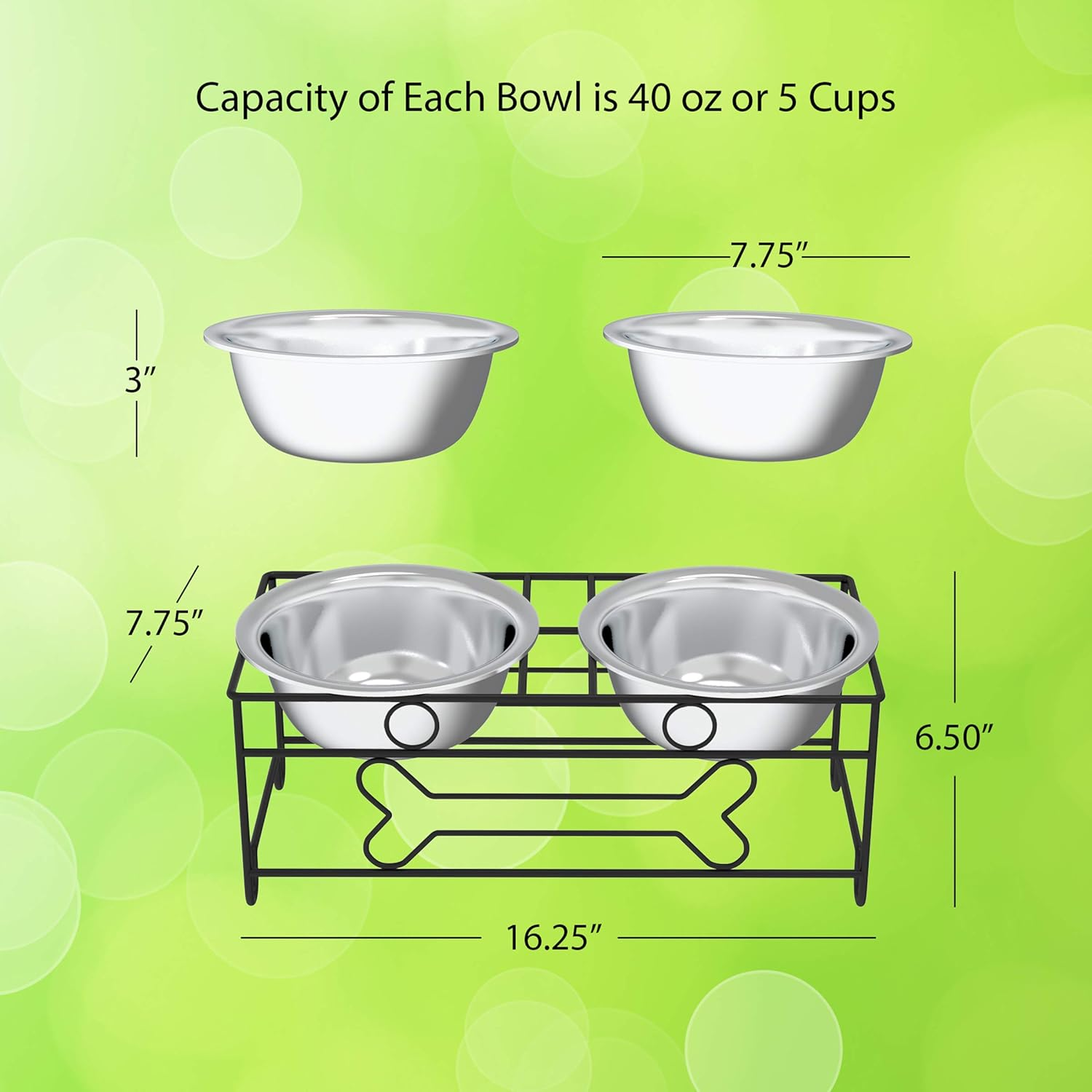 Elevated Dog and Cat Bowls - Decorative 6.5-Inch-Tall Raised Stand with 2 Stainless-Steel Food and Water Bowls - Hold 40Oz Each by PETMAKER (Black) image number 4