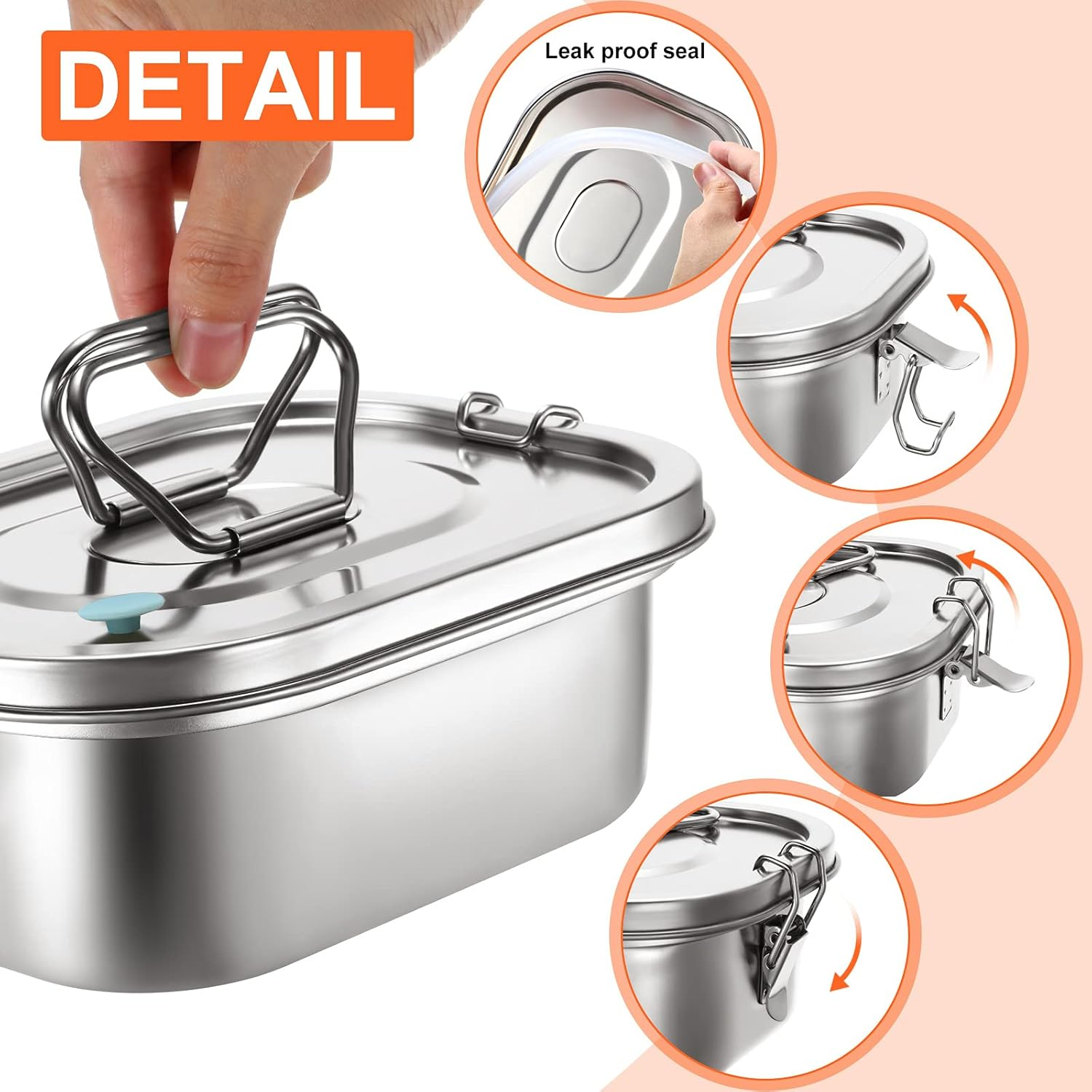 Romooa 2 Pieces Metal Bento Box for Adults Metal Lunch Box Stainless Steel Bento Containers Leakproof Dual Tiers Lunch Container with Airtight Valve Handle Dishwasher Safe(Medium) image number 5