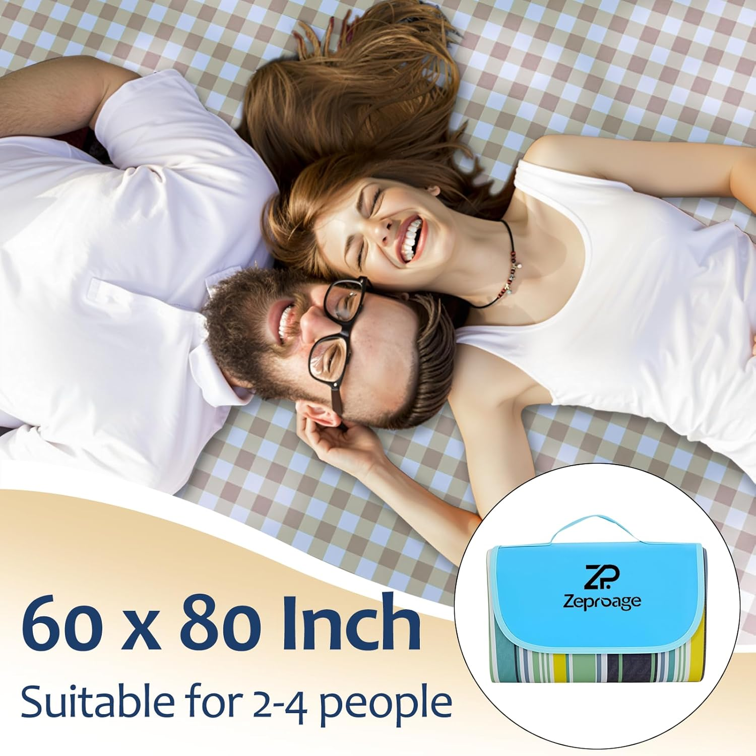 Waterproof Picnic Blankets, 150X200Cm Picnic Mat Outdoor Portable Travel Camping Striped Blue and Green - Blue image number 3