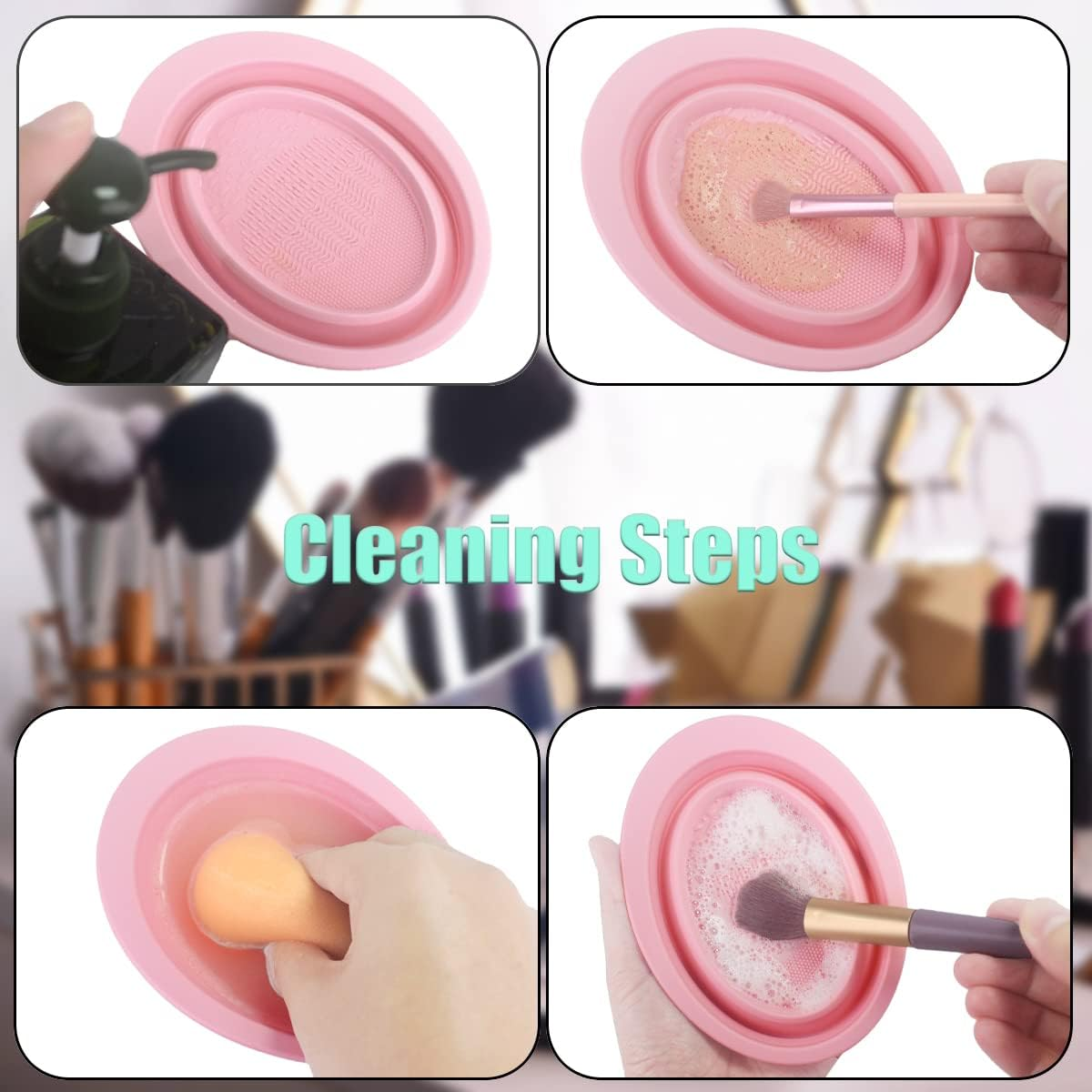 Makeup Brush Cleaning Mat Foldable Environmental Silicone Cleaning Bowl, Brush Cleaning Pad Easy Clean Girl Makeup Brush Cleaner Washing Tools (Pink) image number 2