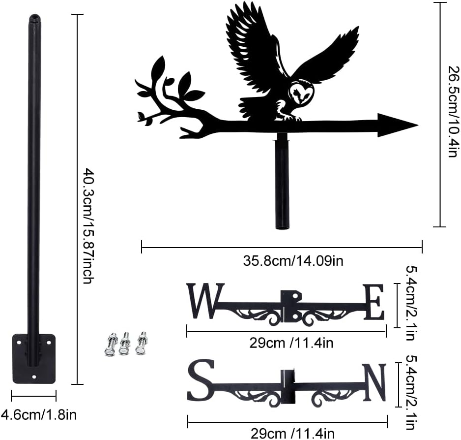 SUPERDANT Owl Weather Vane Owl on Branch Weathervanes Black Metal Wind Vanes Animal Weather Vanes Weathervane Garden Ornament for Farmhouse Garden Outdoor Yard Roof Shed Paddock Decoration image number 6