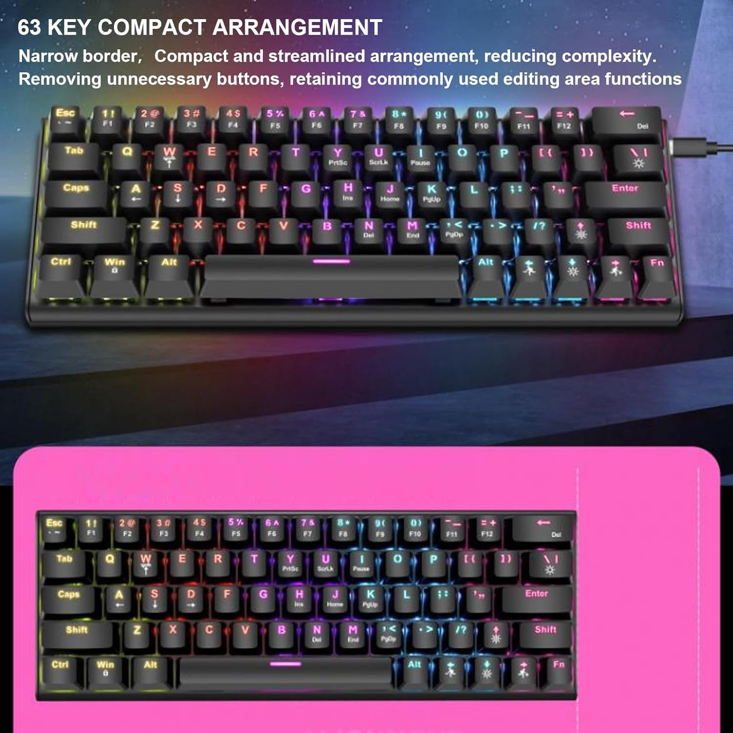 Compact 63-Key Mechanical Gaming Keyboard with RGB Backlit Blue Switches Wired USB for PC Laptop Desktop Computers image number 3