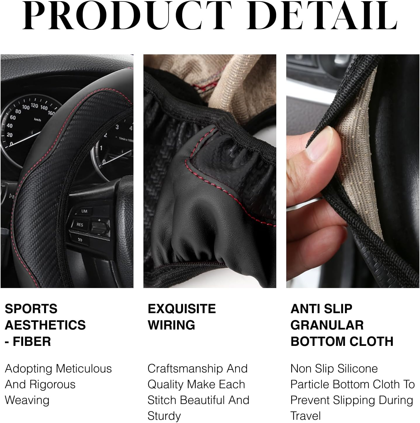 General Duty Car Steering Wheel Cover, Anti-Slip Microfiber Leather, Breathable Soft Full Surround Protection for 15 Inch Steering Wheels Perfect Fit, Durable, Sports Style, Black image number 3