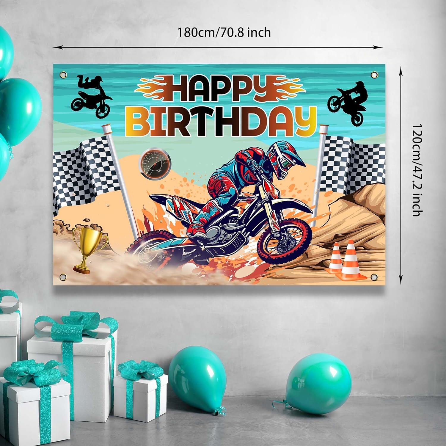 Dirt Bike Happy Birthday Party Banner Backdrop Motocross Racing Competition Checkered Extreme Sports Theme Decor for Riders Boys Girls Birthday Party Favors Decorations Supplies 70.8X47.2In-Beckten image number 2
