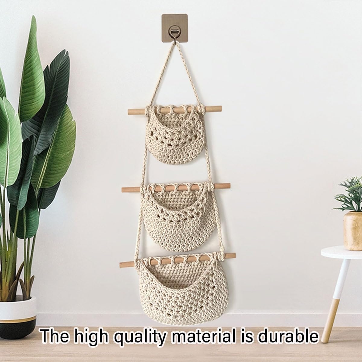 AIMALL 3-Layer Hanging Wall Storage Basket Cotton Rope Organizer for Sundries with Wooden Rods, Woven Wall Hanging Bag for Entryway, Living Room, and Nursery