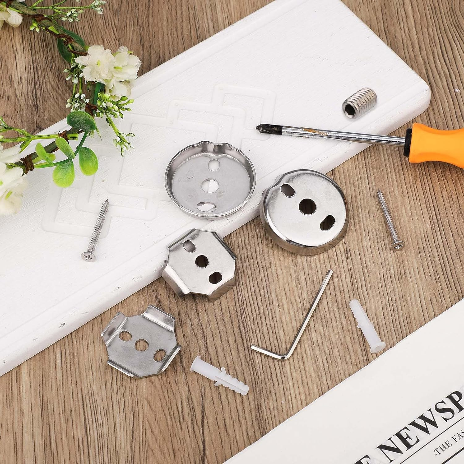 Tinoaly 30Pcs Towel Bar Replacement Parts Set, Stainless Steel Bathroom Mounting Bracket Towel Bar Mounting Hardware with round and Square Base Screws Wrench image number 5