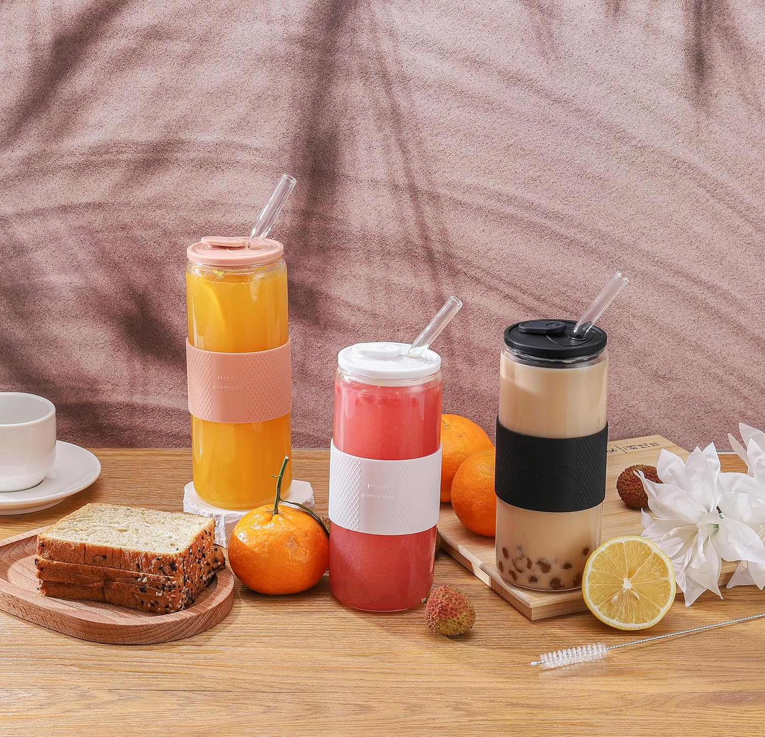 20Oz Can Shaped Glass Cups with Lids and Glass Straws, 2PCS Drinking Glasses with Lids and Straws, and Silicone Sleeves, Beer Glasses, Iced Coffee Cups, Soda, Gift 2 Cleaning Brushes - White image number 1