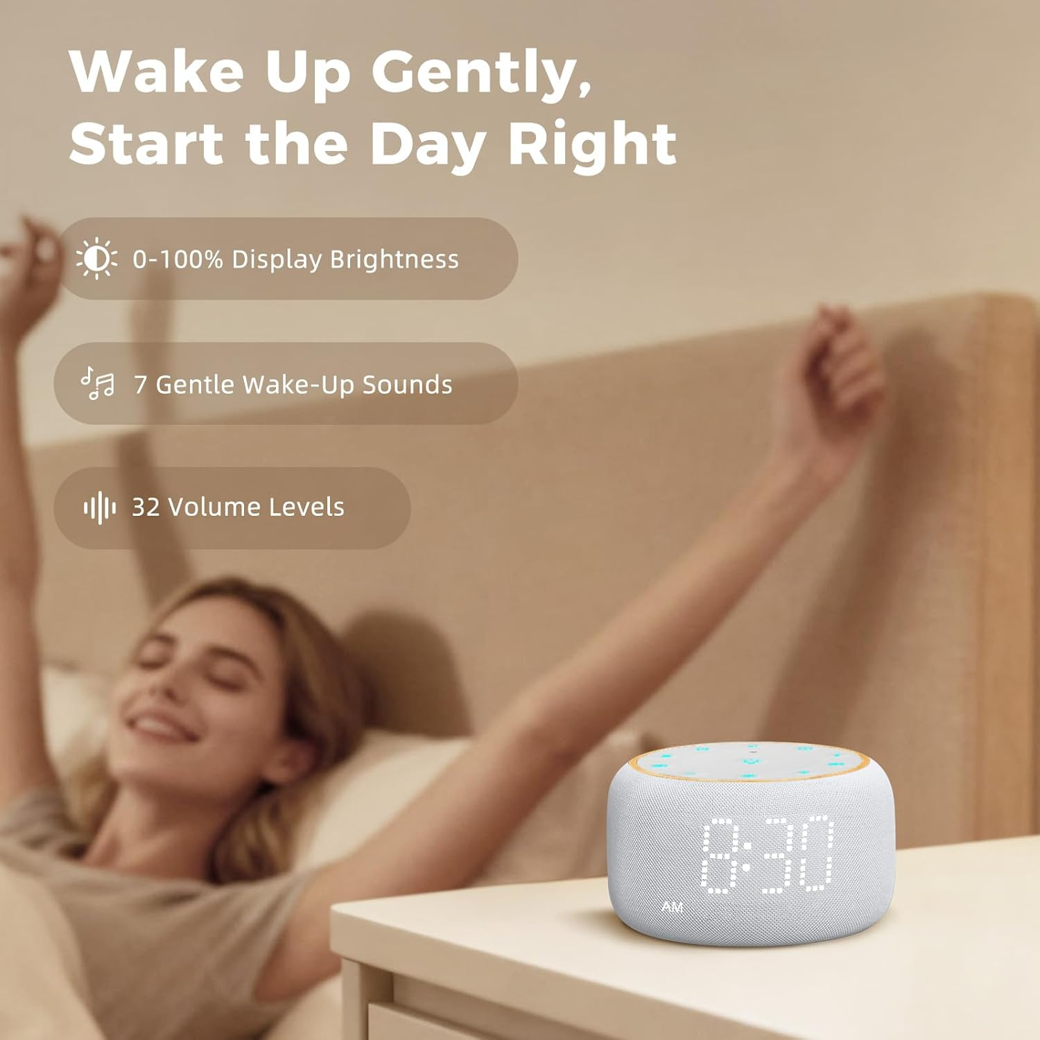 White Noise Machine Alarm Clock: Auto-Dimmable Clock for Bedrooms - 5W Stereo Bluetooth Speaker - Sound Machine with 24 Sleep Sounds for Adults Kids White - Pink image number 3