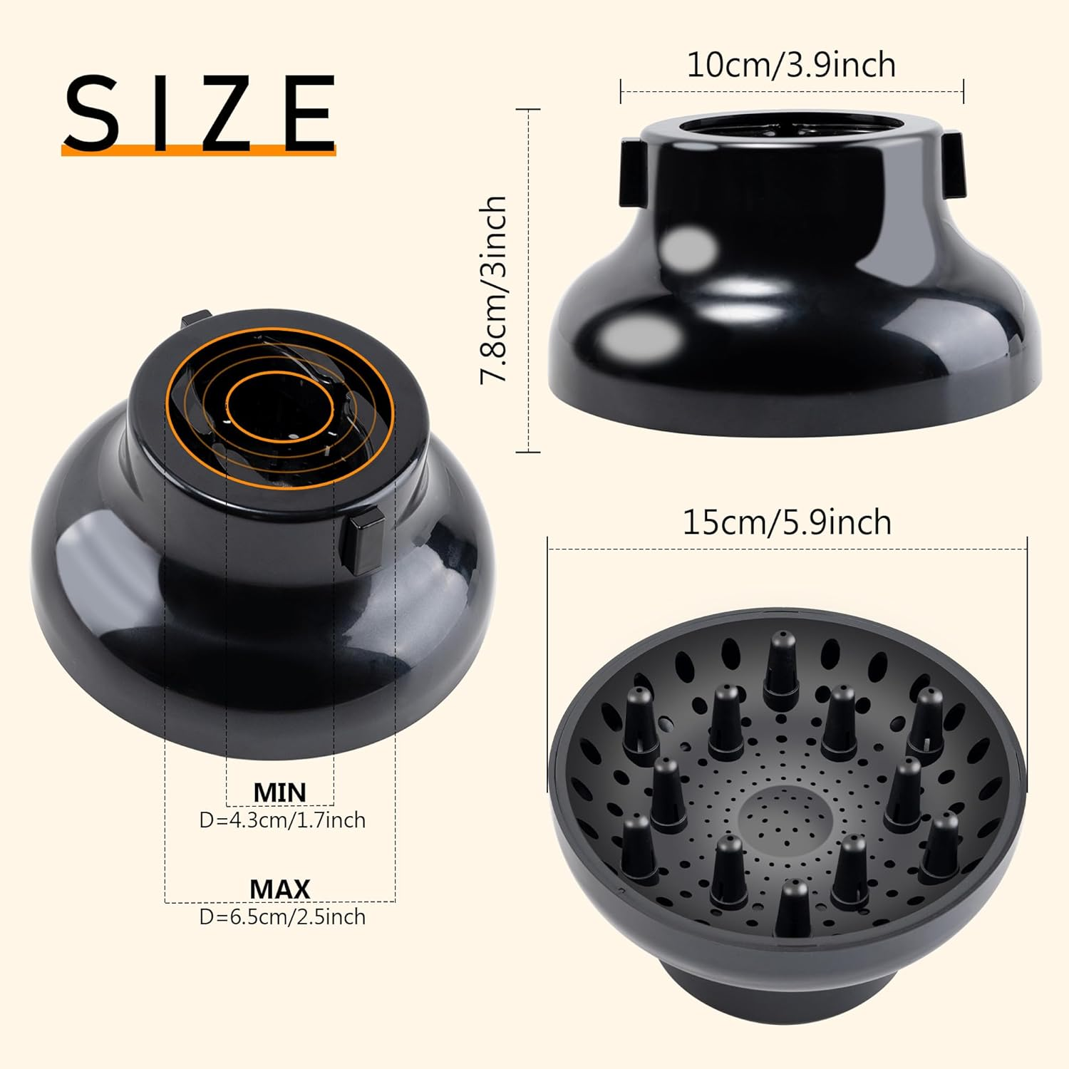 YUNAI Universal Hair Diffuser, Adjustable Attachment, Fits Most Kinds of Blow Dryer, Diameter 4.3Cm to 6.5Cm Prefer, Professional Salon Frizz-Free Fast Blow Drying Diffuser for Curly Hair.(Black) image number 3
