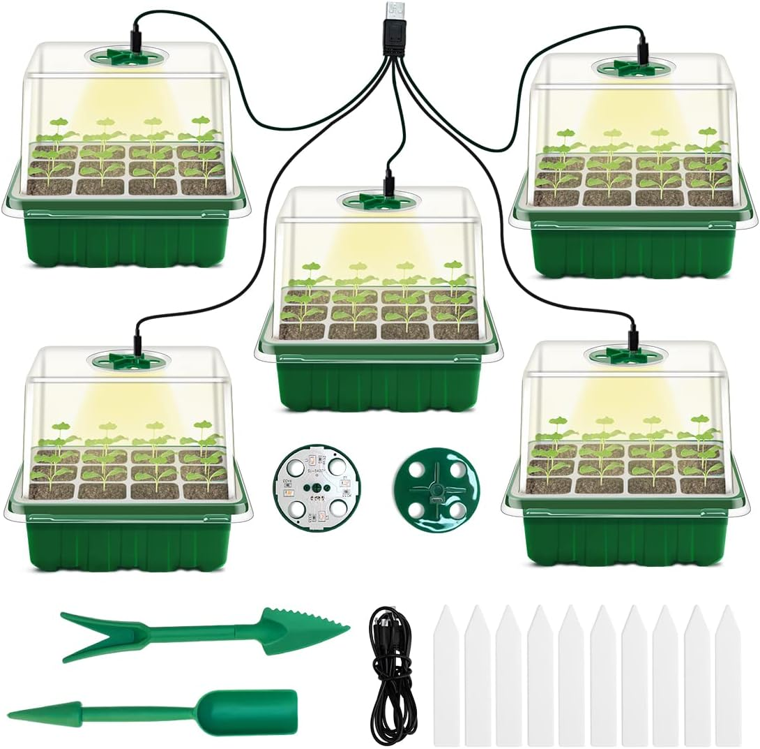 Seed Starter Tray with Grow Light, 5 Packs Plant Starter Tray Seedling Starter Kit with Humidity Domes Base Indoor Greenhouse Mini Propagator Station for Seeds Growing Starting (12 Cells per Tray) image number 2