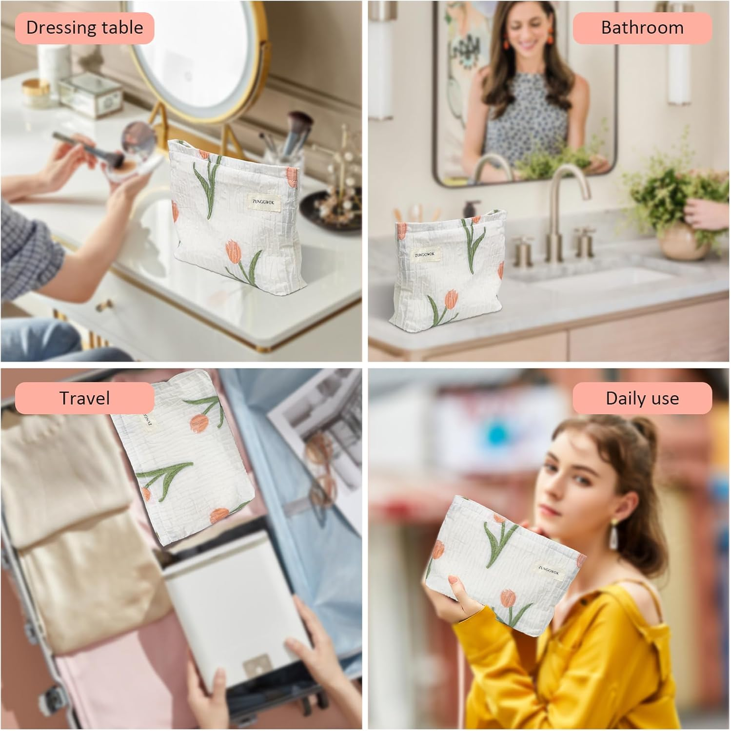 Floral Makeup Bag Cosmetic Bag for Women,Large Capacity Purse Travel Bags Toiletry Bag with Zipper Makeup Pouch (Tulip) image number 4