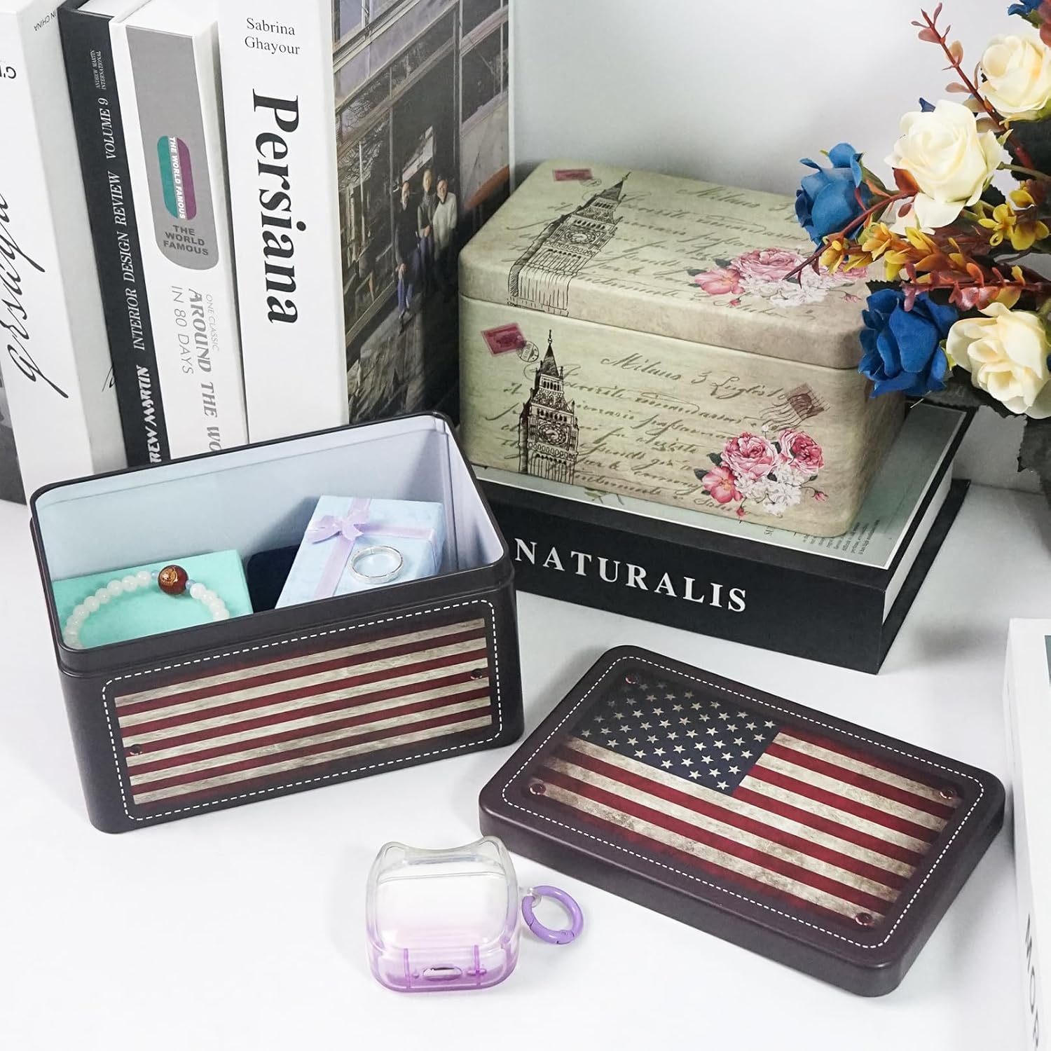 Dreamseden 2-Pack Small Storage Tin Box - Vintage US Flag, Green Sketching Metal Box Set - Decorative Mini Treasure Containers for Candy, Jewelry, Keepsakes - Home Decoration Gift Collection image number 3