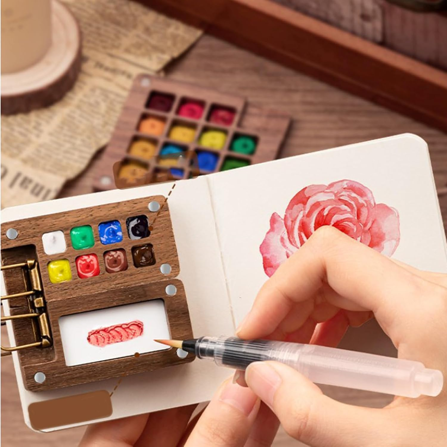 Nano Palette Watercolor, Pocket Artist Watercolor Travel Set, Sketchbook Wooden Palette Box and Travel Artist Brushes Set, Mini Portable Watercolor Travel Set (8 Grids,Walnut) image number 2