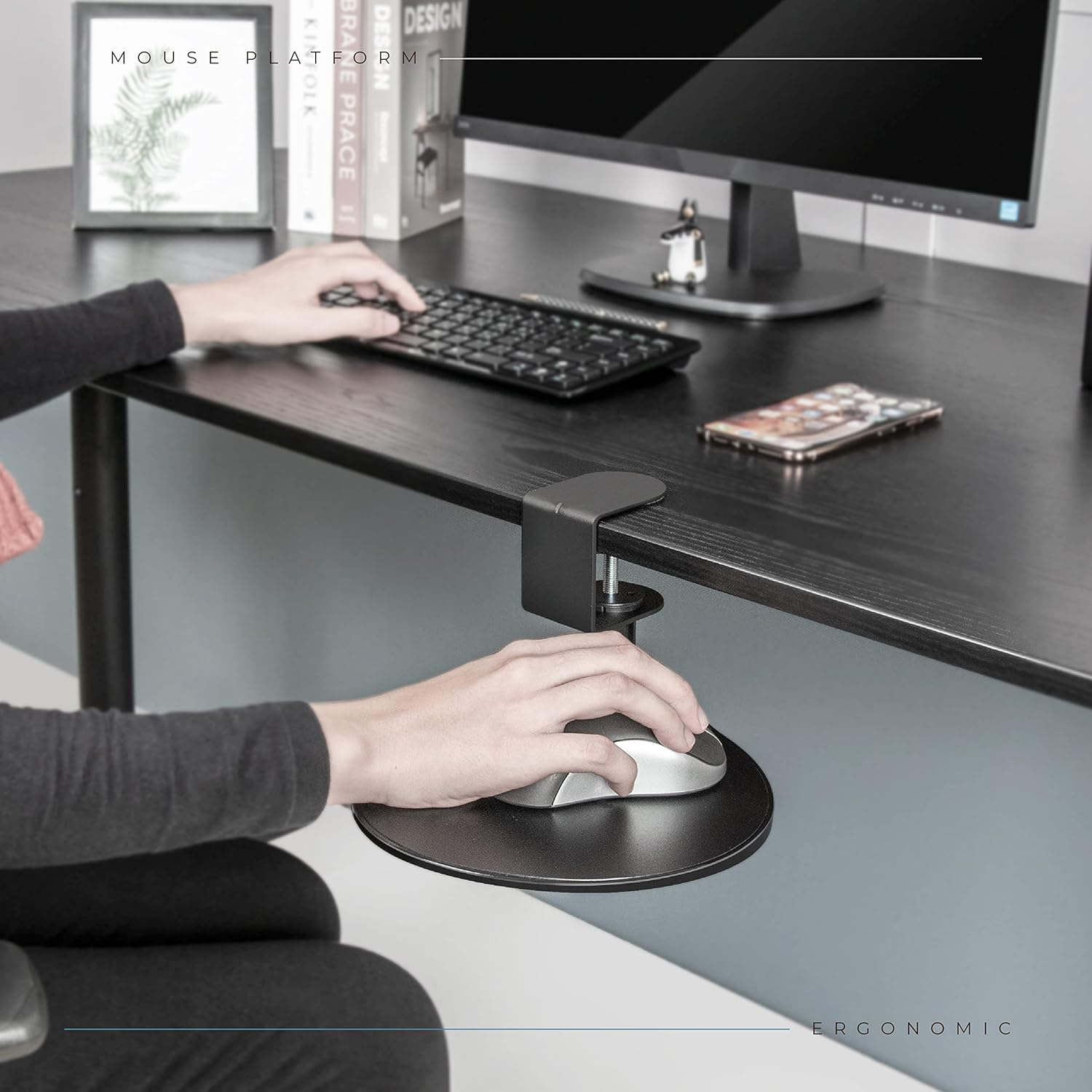 EHO Under-Desk Mouse Platform/Clip on Mouse Pad Rotating 360 Degree, Ergonomic Mouse Tray Attachment, Office Mouse Pad, Slide Out Mouse Tray Black image number 3