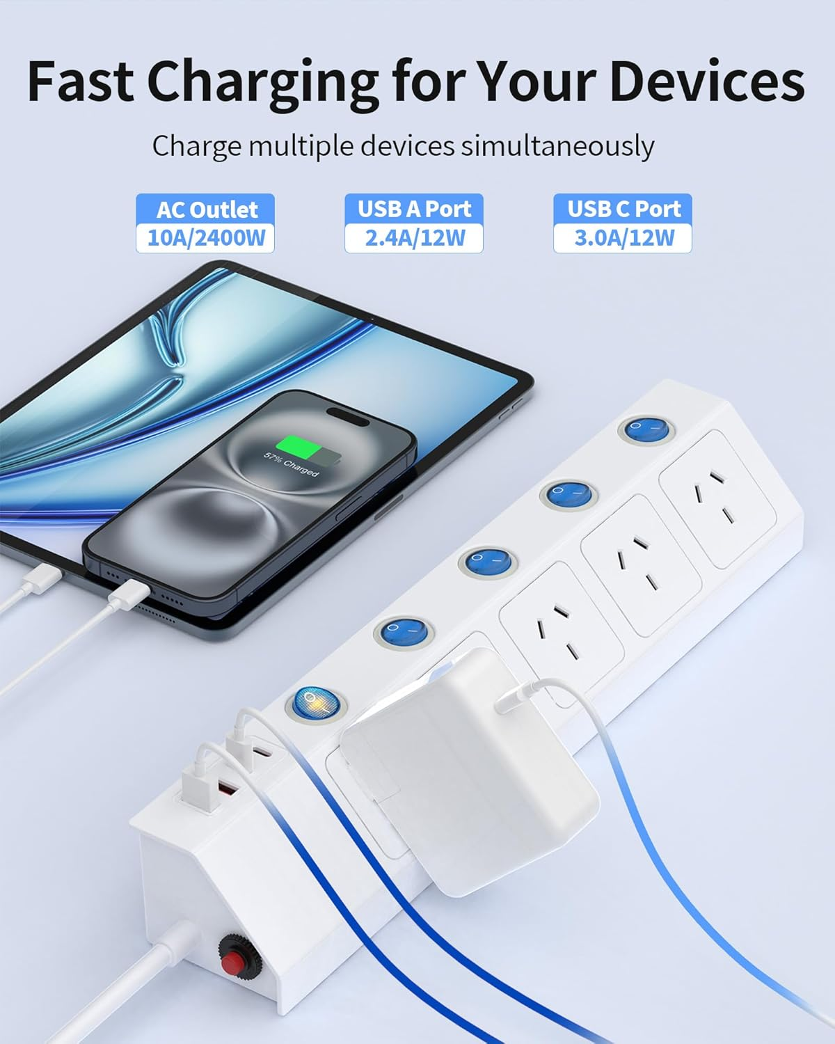 Power Board Surge Protected with Individual Switch, Powerboard with 5 AC Outlets 4 USB Ports (2 USB C), 1700J Surge Protector, SAA Certified, 1.5M Extension Cord for Home and Office, White image number 2