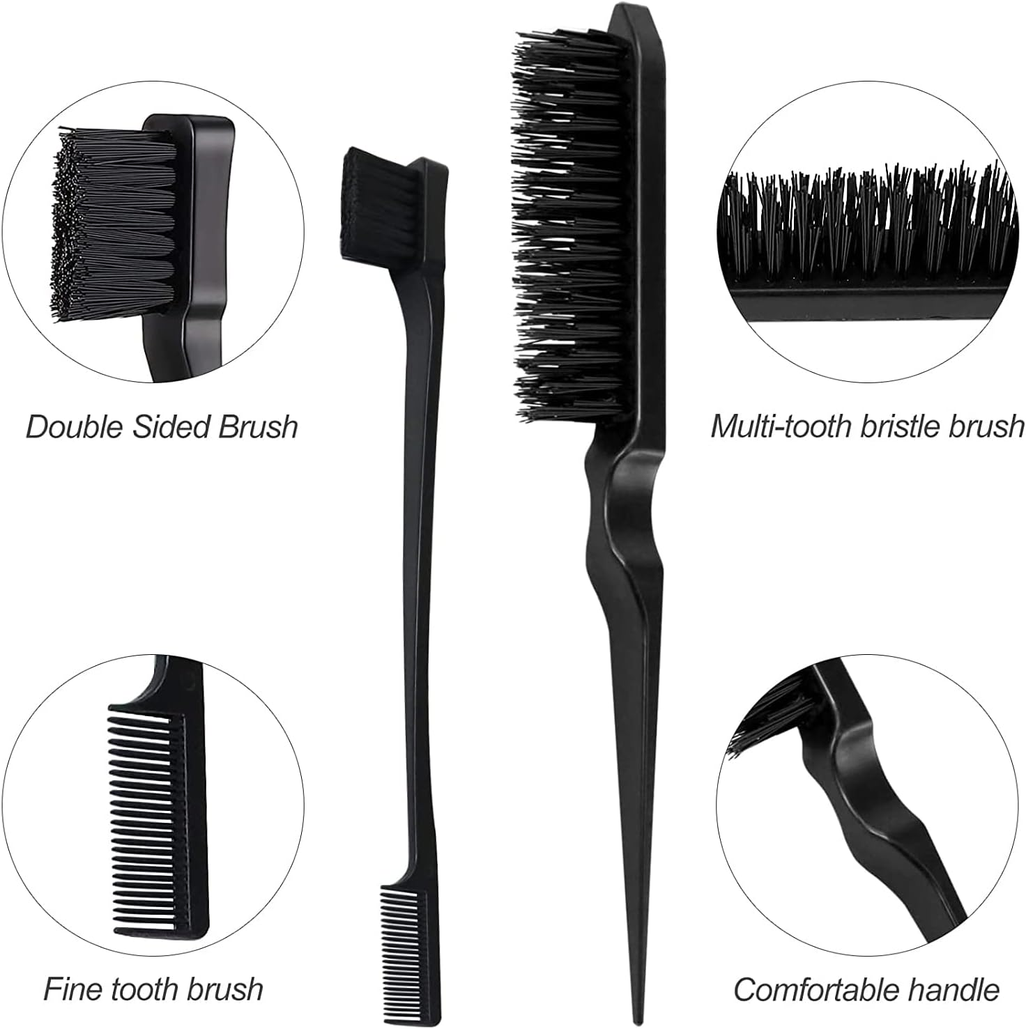 3-Piece Toupier Brush Set, Double Edges Brush and Comb, Bristles, Hair Brush, Comb Care Edges Brush, Combs, Robust Rat Tail Comb for Hairdresser, Women, Baby, Children image number 2