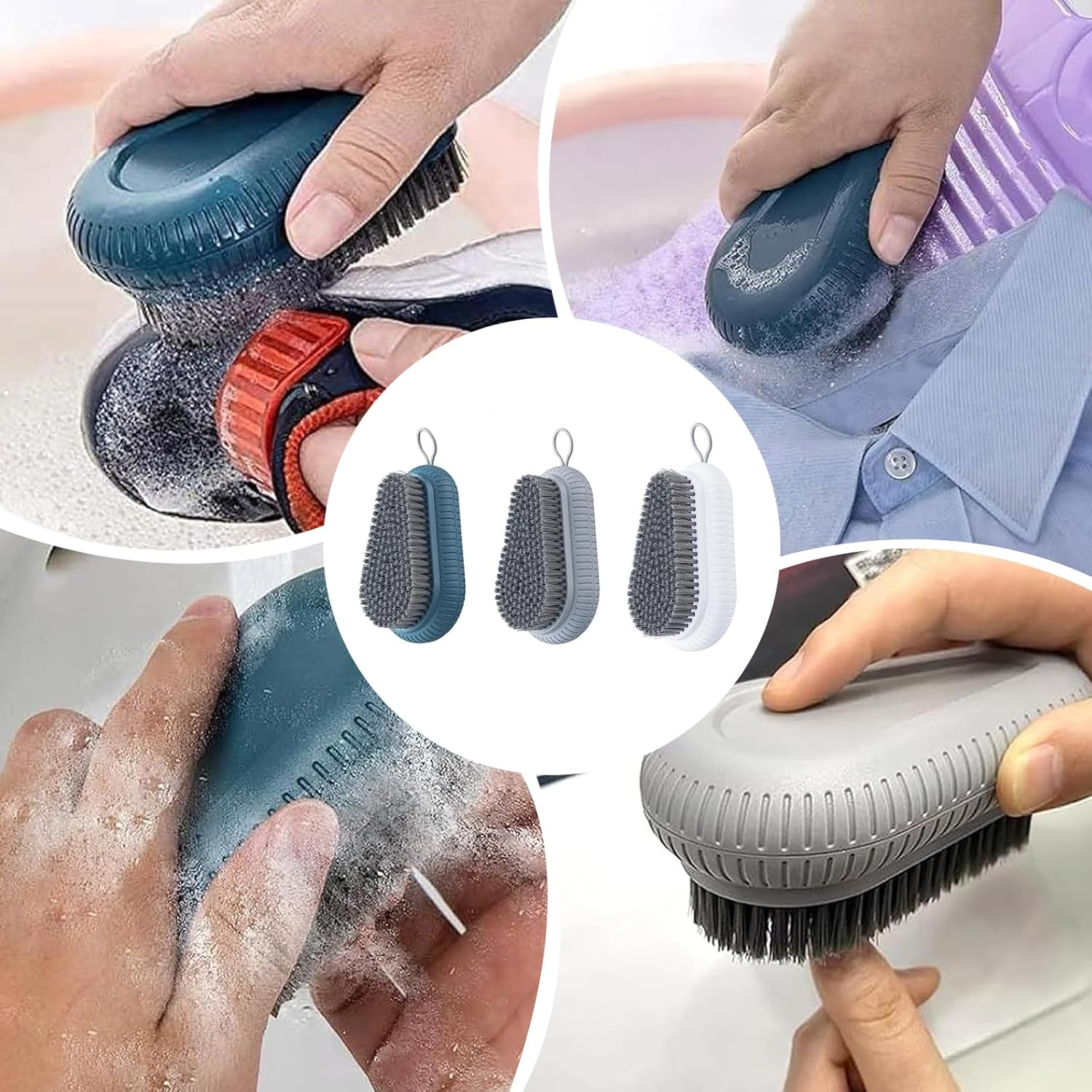 Cleaning Brush with Hanging Rope, Pack of 3 Hand Brush, Nail Brush, Nail Brushes for Bathroom, Toilet, Sink, Workshop (Deep Blue, White, Grey)