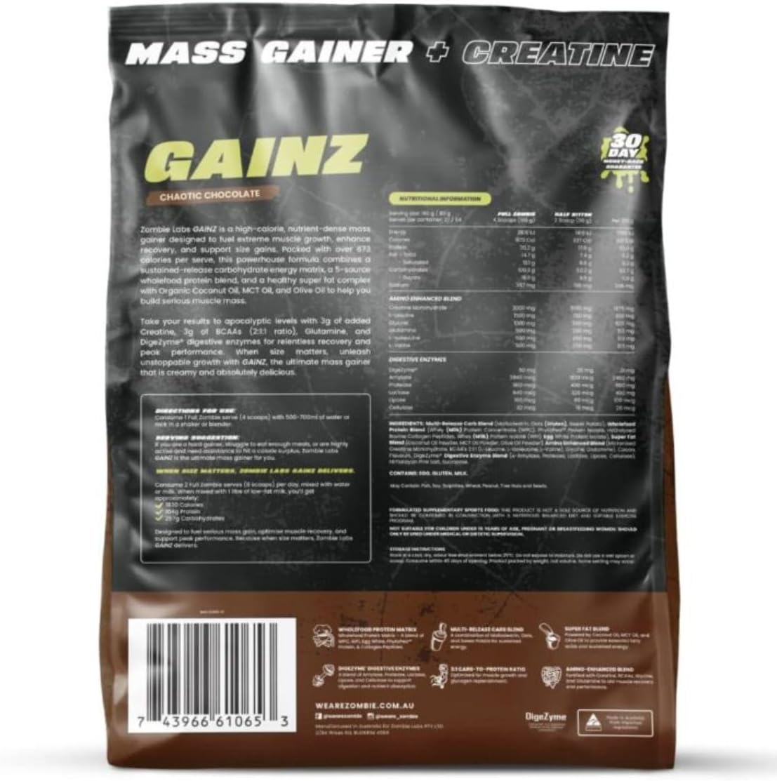 Zombie Labs Gainz Chocolate 4.32Kg Mass Gainer + Creatine image number 1