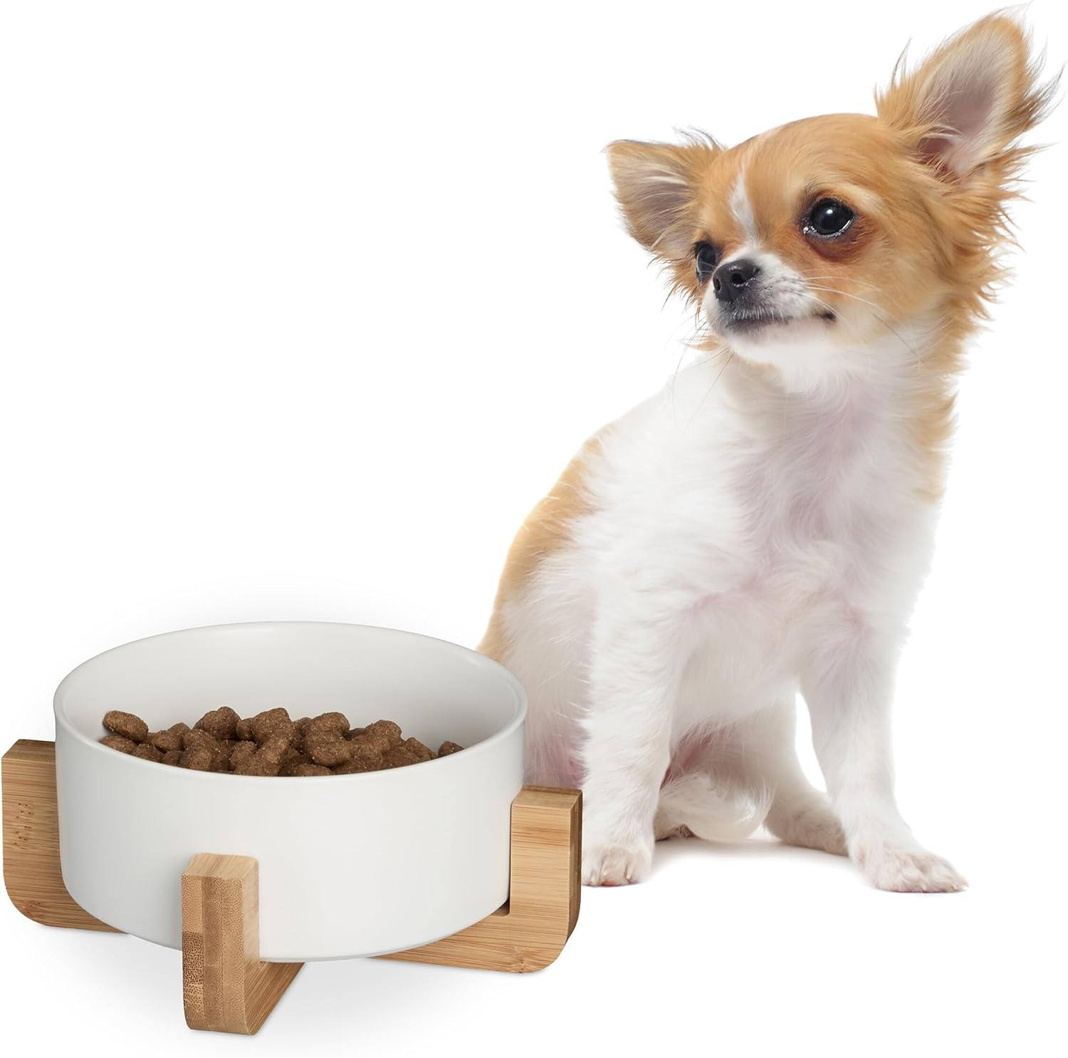 Relaxdays Ceramic Dog Bowl 850 Ml for Food & Water Feeding Bowl with Bamboo Frame H X W X D: 9 X 20 X 20 Cm White image number 1