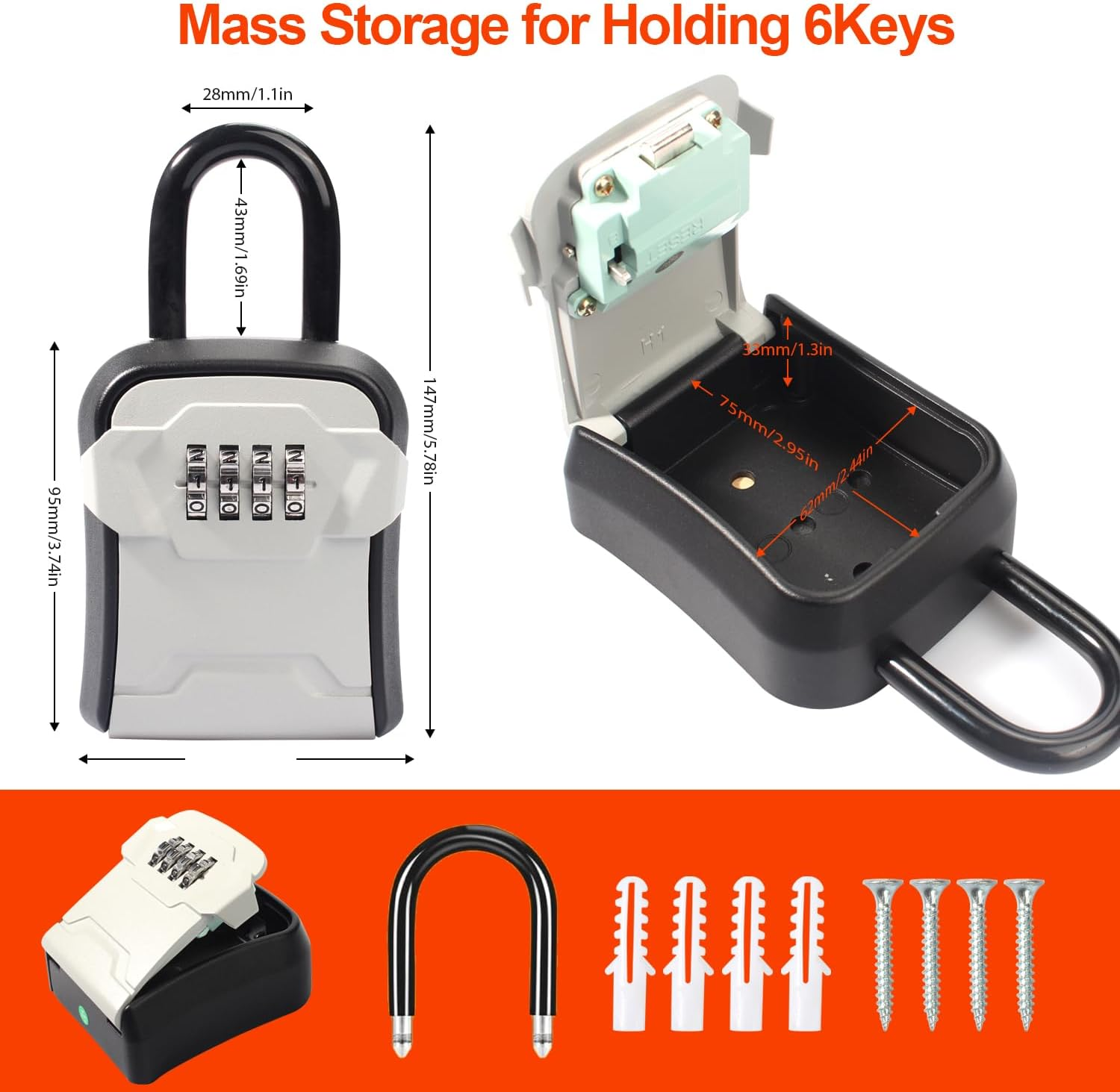 Lock Box,Key Lock Box Wall Mounted for outside House Keys,Portable Key Safe Combination Lockbox with Resettable Code, Gray image number 4