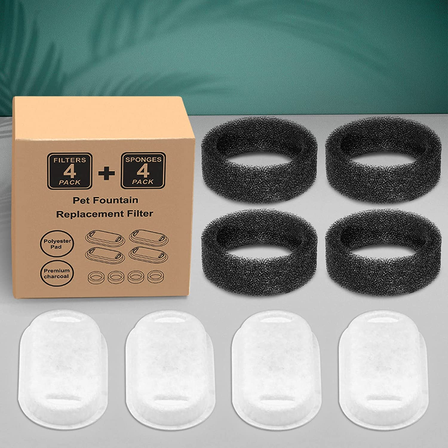 Monsin Cat Water Fountain Filters for Stainless Steel 67Oz/2L Adjustable Water Flow Pet Fountain, 4 Pack Pet Replacement Filters with 4 Sponges image number 2