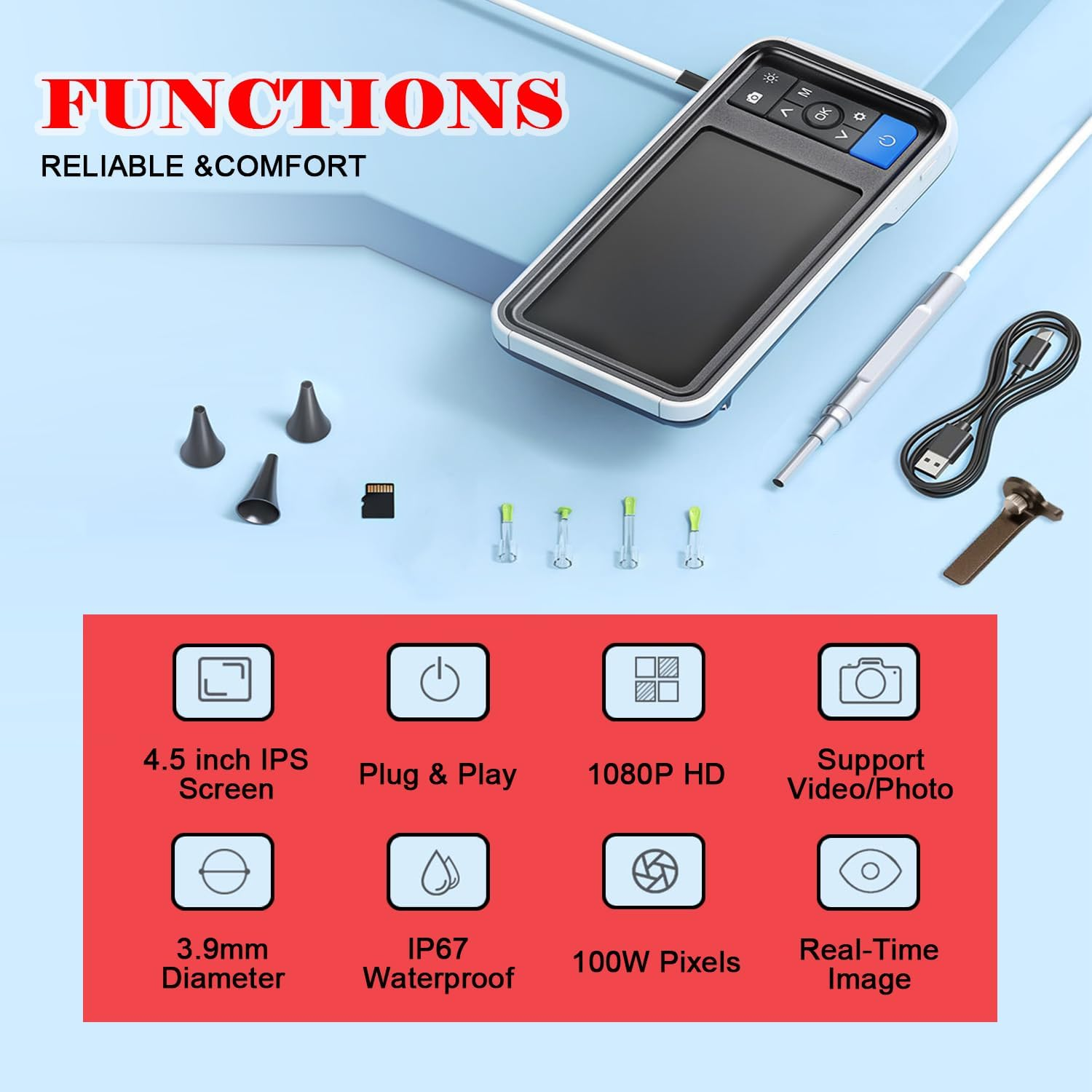 Digital Otoscope Ear Camera HD Visual Ear Cleaner with 4.5" IPS Screen, 3.9Mm Ear Camera, 6 LED Lights, 32GB Card, Ear Wax Removal Tool, Specula, Supports Photo Snap & Video Recording image number 5