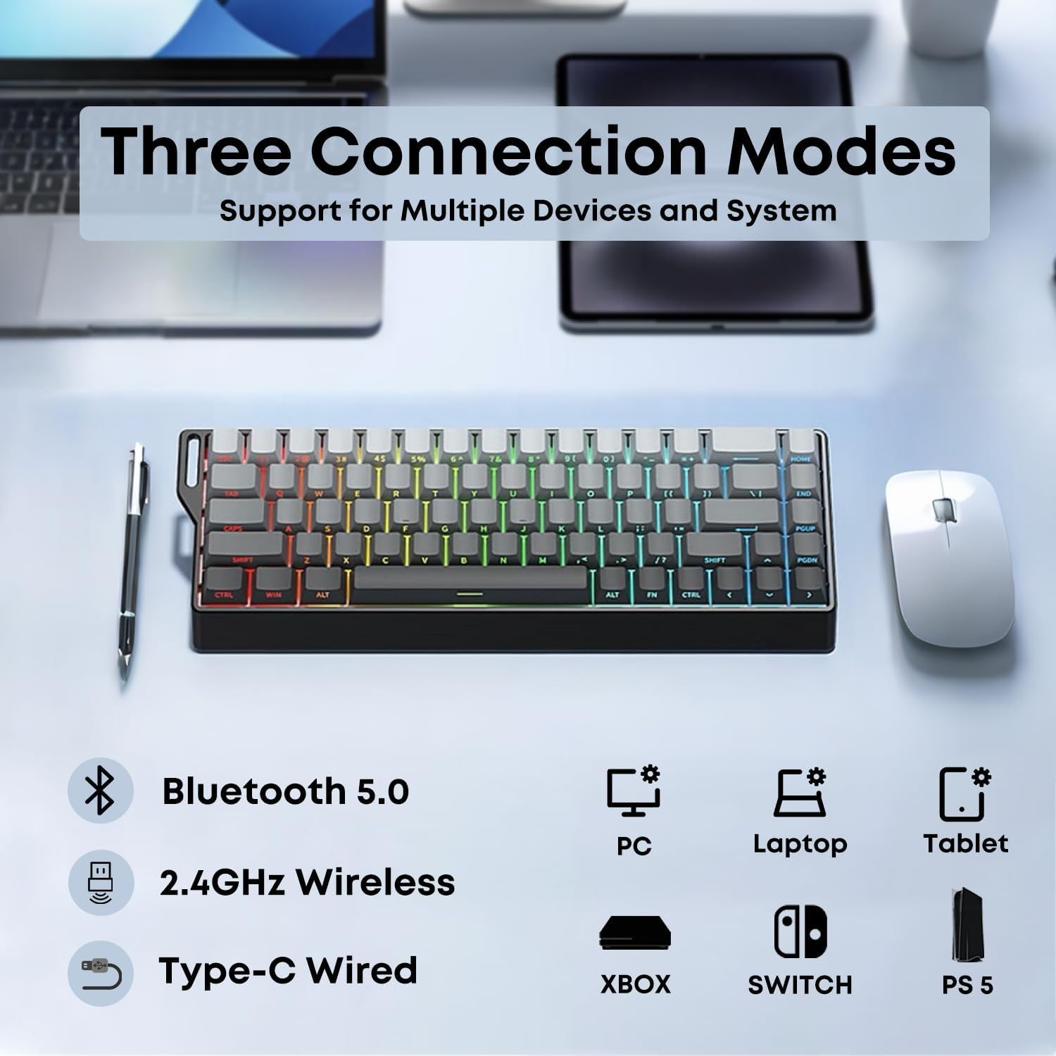 60% Wireless Mechanical Keyboard, MACHNIVO K15 68 Keys PC Gaming Keyboard, 2.4Ghz/Bluetooth/Usb-C, RGB Hot Swappable Side Printed Keyboard Compatible with Windows/Mac (Linear Ivory Switch, Black) image number 6