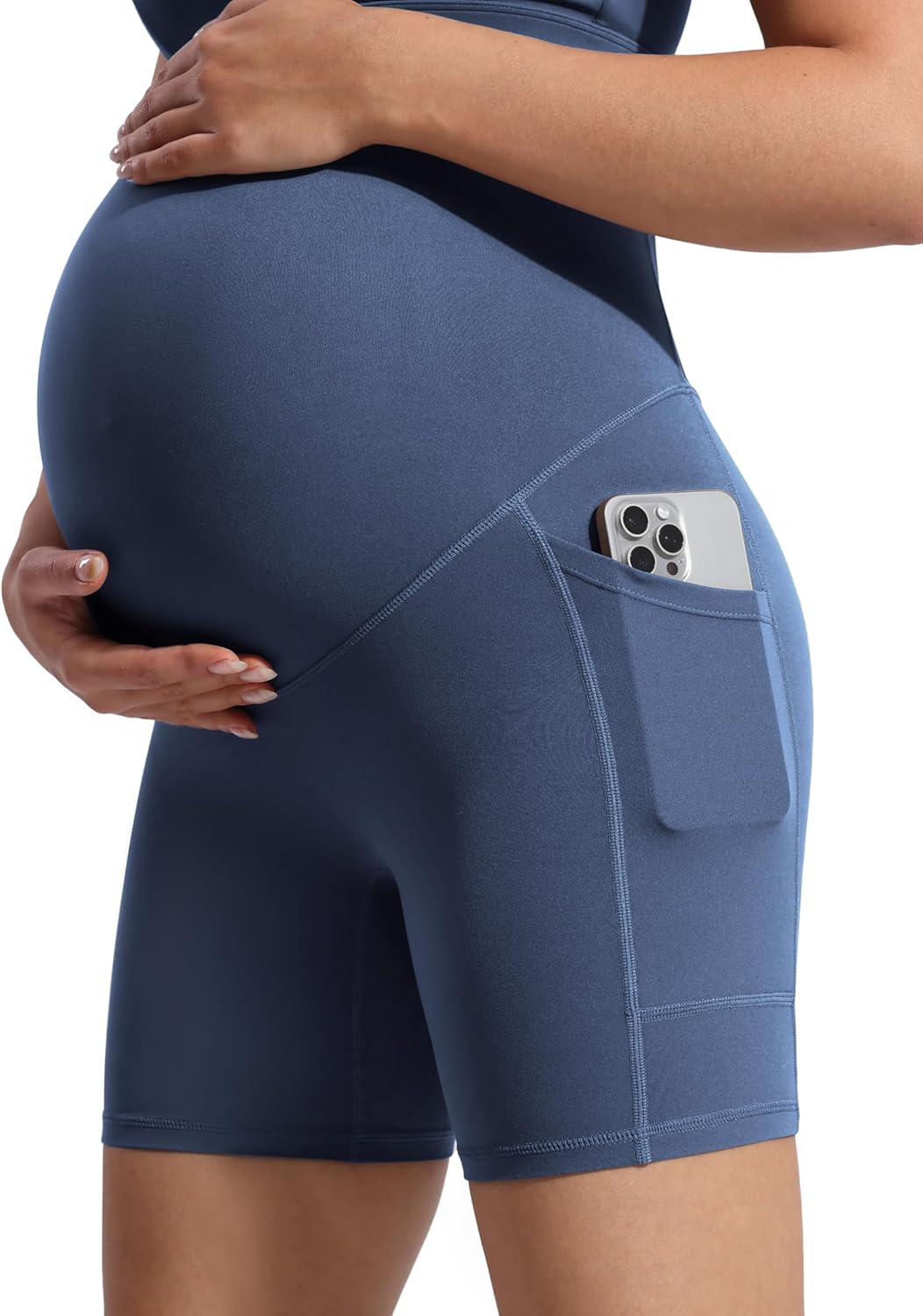 POSHDIVAH Women'S Creamluxe Maternity Biker Shorts over the Belly with Pockets - 6"/8" Summer Pregnancy Yoga Workout Short