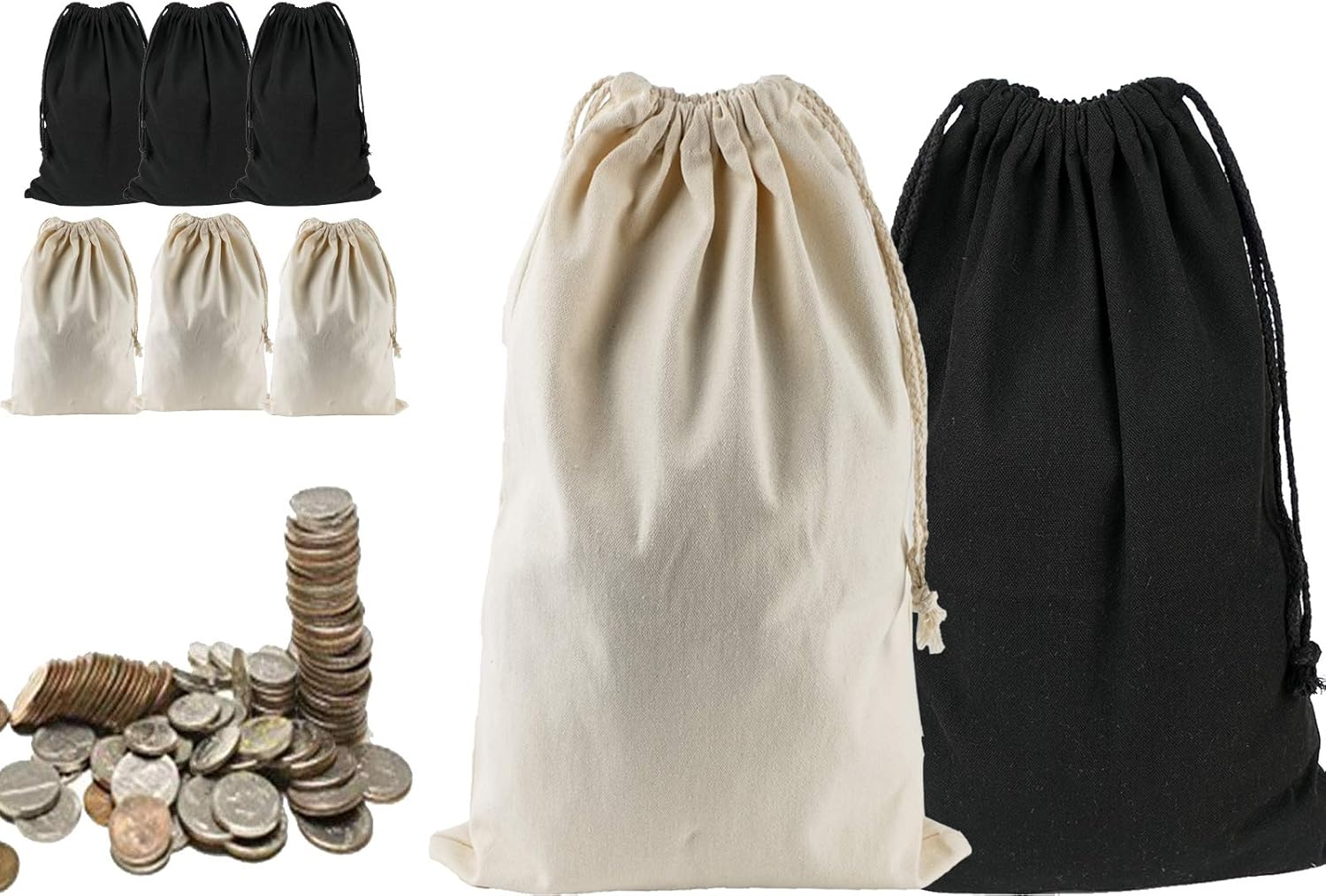 Lanyani 6 Packs Bank Coin Money Cash Bag Sacks, 12" X 17" Canvas Deposit Change Transit Bags with Drawstring, Heavy Duty