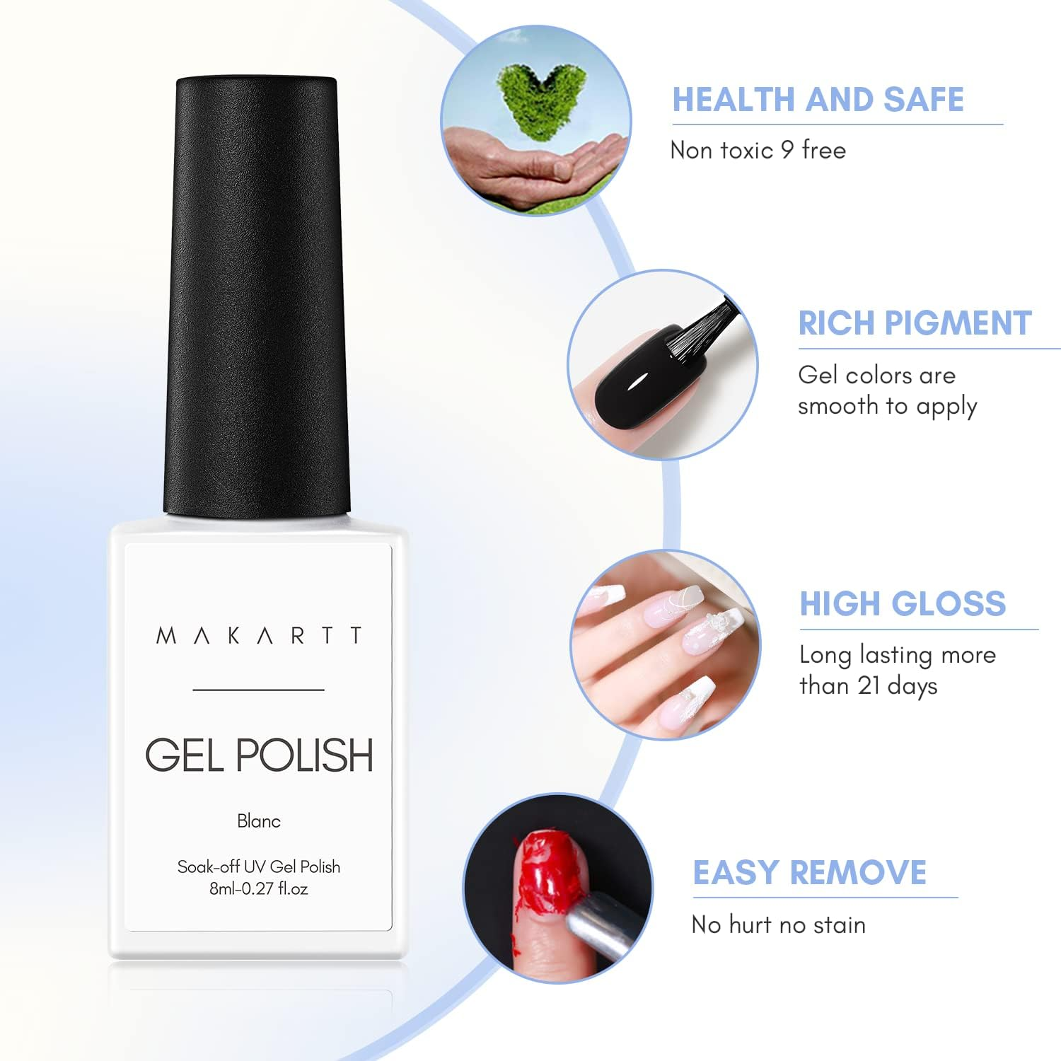 Makartt Gel Nail Polish Set, Black White Colours Black White Gel Nail Polish LED Pure Gel Soak off Duets Collection 8 Ml 2 Pieces image number 6