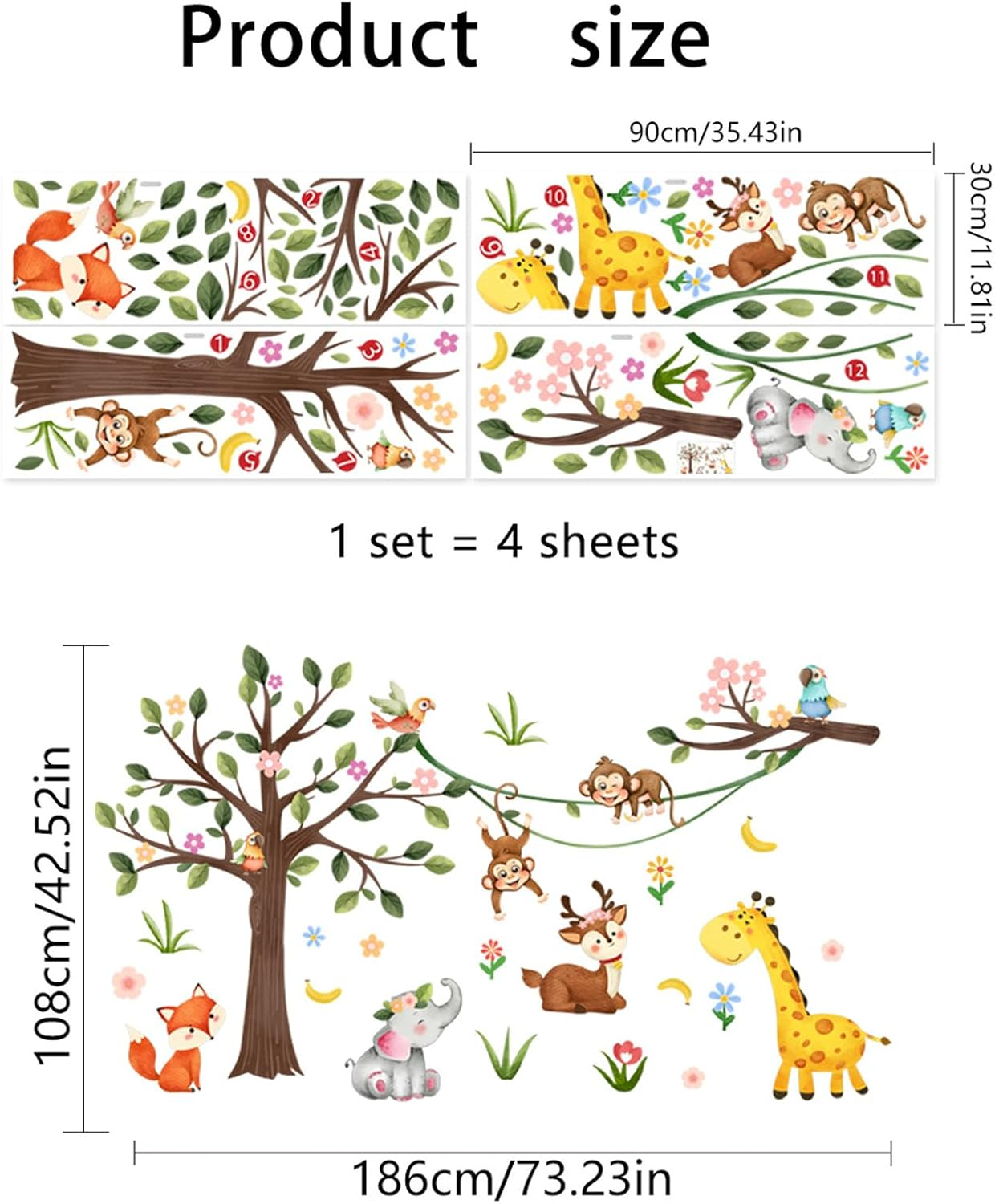 Buziba Wall Stickers Jungle Forest Animals Woodland Tree Monkey Elephant Giraffe Wall Decals Nursery Bedroom Living Room Wall Decoration image number 3