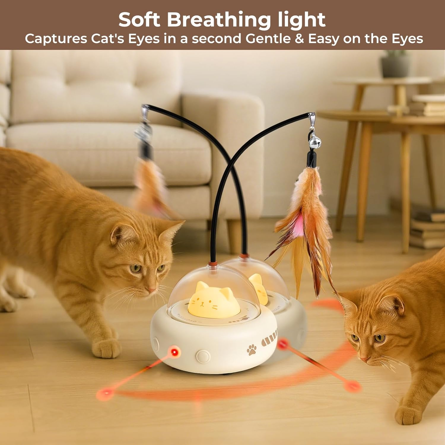 VCCLFSIA Automatic Laser Cat Toy, 2-In-1 Interactive Cat Toys with Laser and Feather Cat Wand for Indoor Cats, Self-Moving Rechargeable Cat Teaser Toys image number 4