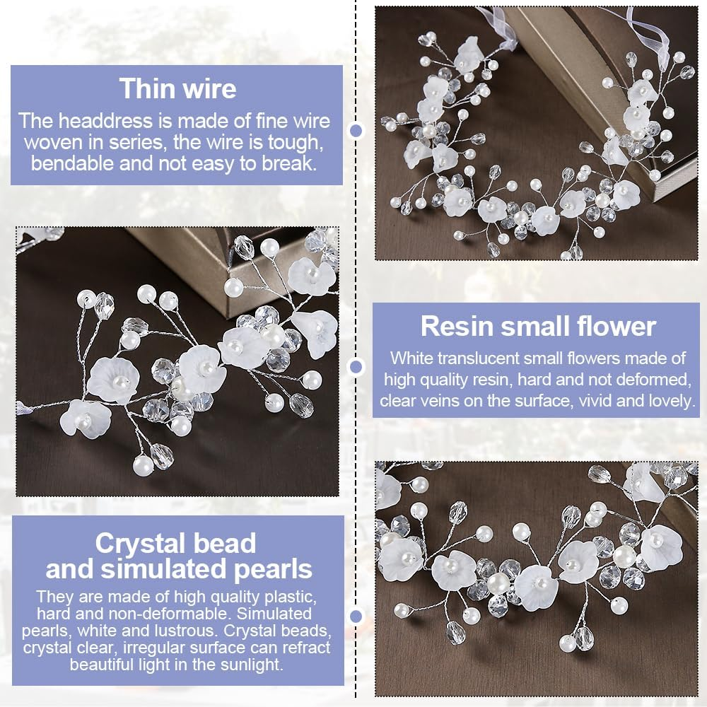 PEALOVCOM Bridal Hair Accessories Pearls Wedding Communion Headband Bridal Headpiece Hair Wreath White Pearl Headband with Adjustable Chiffon Band for Bride Bridesmaid Flower Girl Women Girls, Resin image number 6