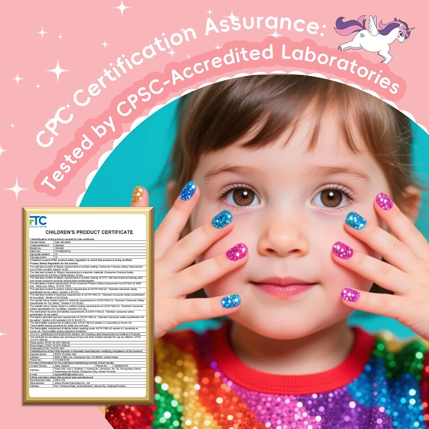 Aieenjor Quick Dry Kids Nail Polish Set, Glitter Non-Toxic Fingernail Polish for Toddler, Water-Based Peelable Nail Polish for Kids, 6 Color Rainbow for Kid Ages 3+ image number 1