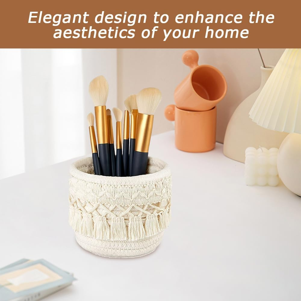 MOTRAIN Set of 2 Macrame Makeup Brush Holder Organizer Comb Brushes Mini Storage Basket Boho Decor Baskets for Pen Pencil Box Container, Ivory image number 5