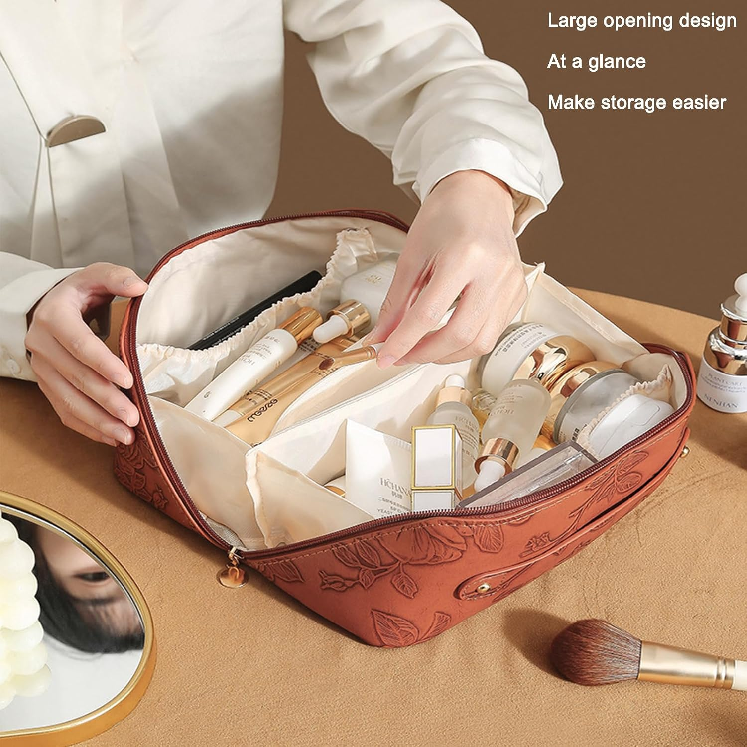 Travel Makeup Bags Cosmetic Organizer Bag,Large Capacity PU Leather Toiletry Bag for Women - Wide Open Portable Pouch with Divider & Handle (Black) - Black image number 4