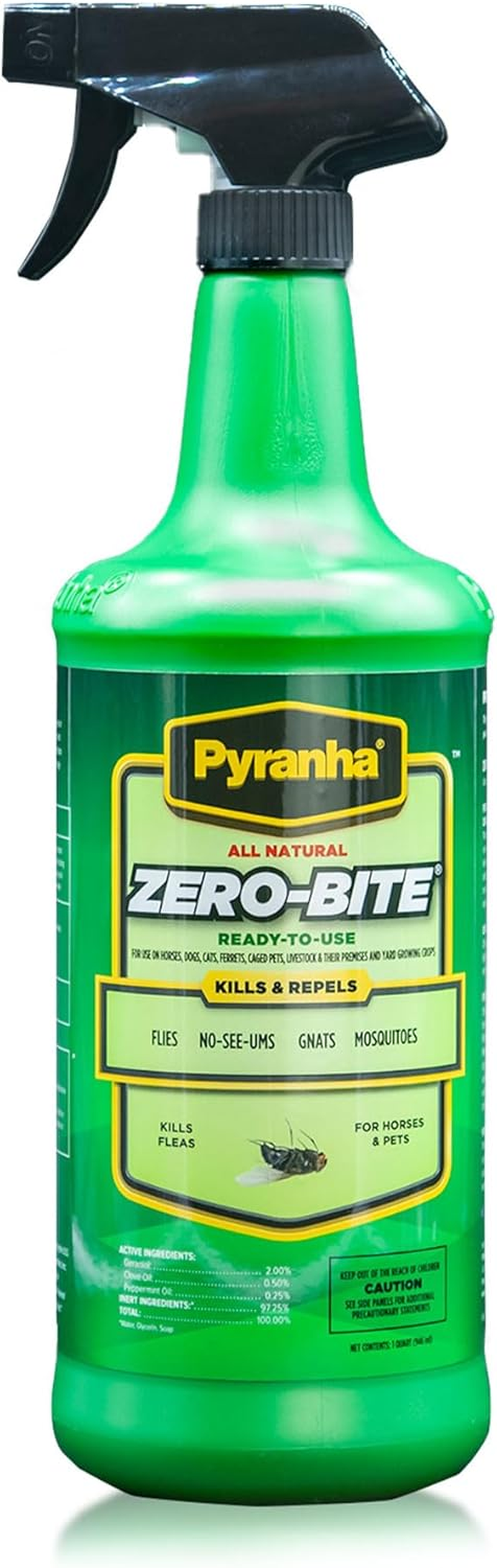 PYRANHA Zero-Bite All Natural Fly Spray - Ready to Use Water Based Repellent for Horses, Dogs, Cats, Ferrets, Caged Pets, Livestock | Kills & Repels Flies, Gnats, Mosquitoes - 1 Quart image number 1